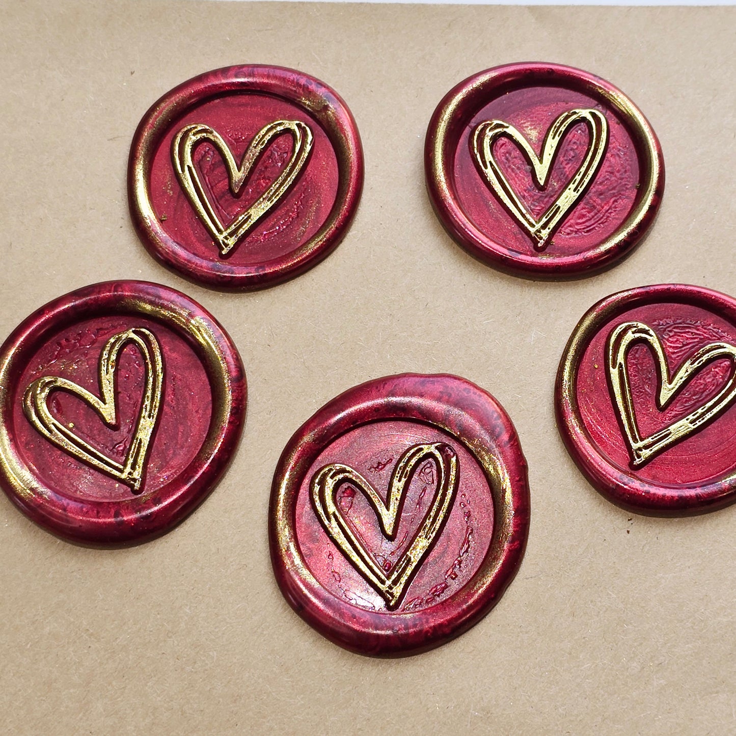 Heart Wax Seals Flame Red & Gold Set of Five