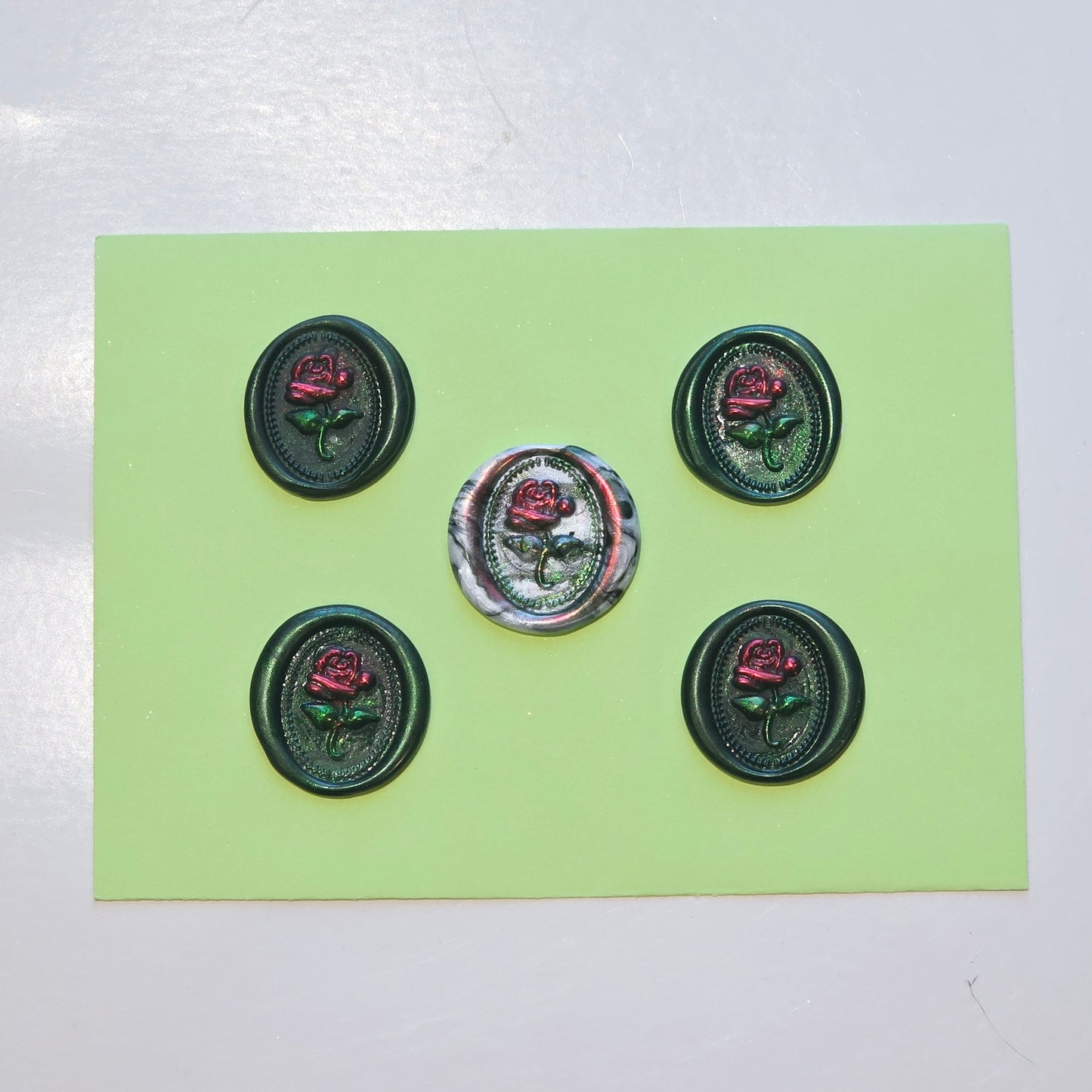 Rose Wax Seals Dark Green Marbled, Red & Silver Set of Five