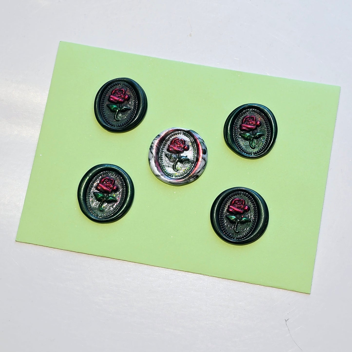 Rose Wax Seals Dark Green Marbled, Red & Silver Set of Five