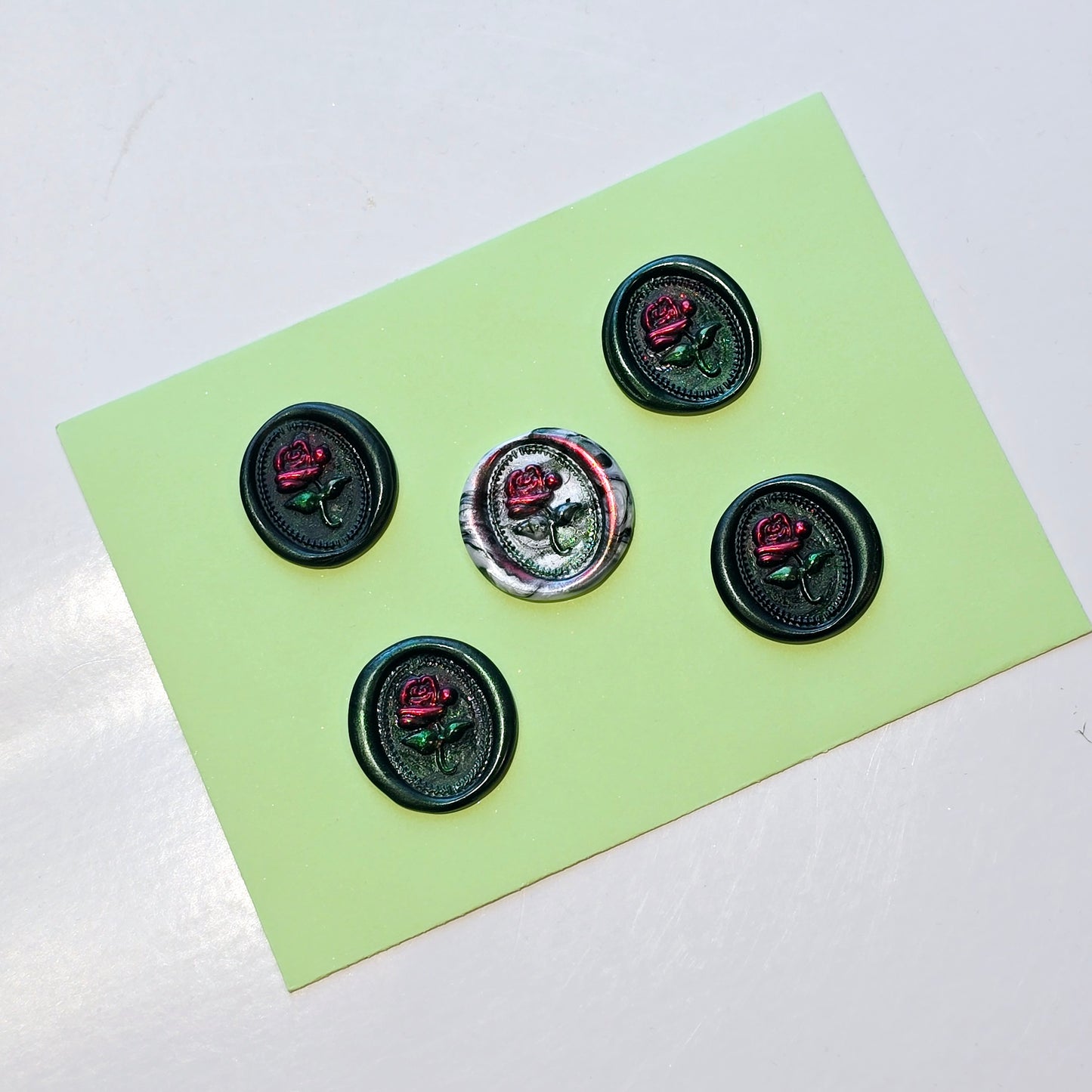 Rose Wax Seals Dark Green Marbled, Red & Silver Set of Five