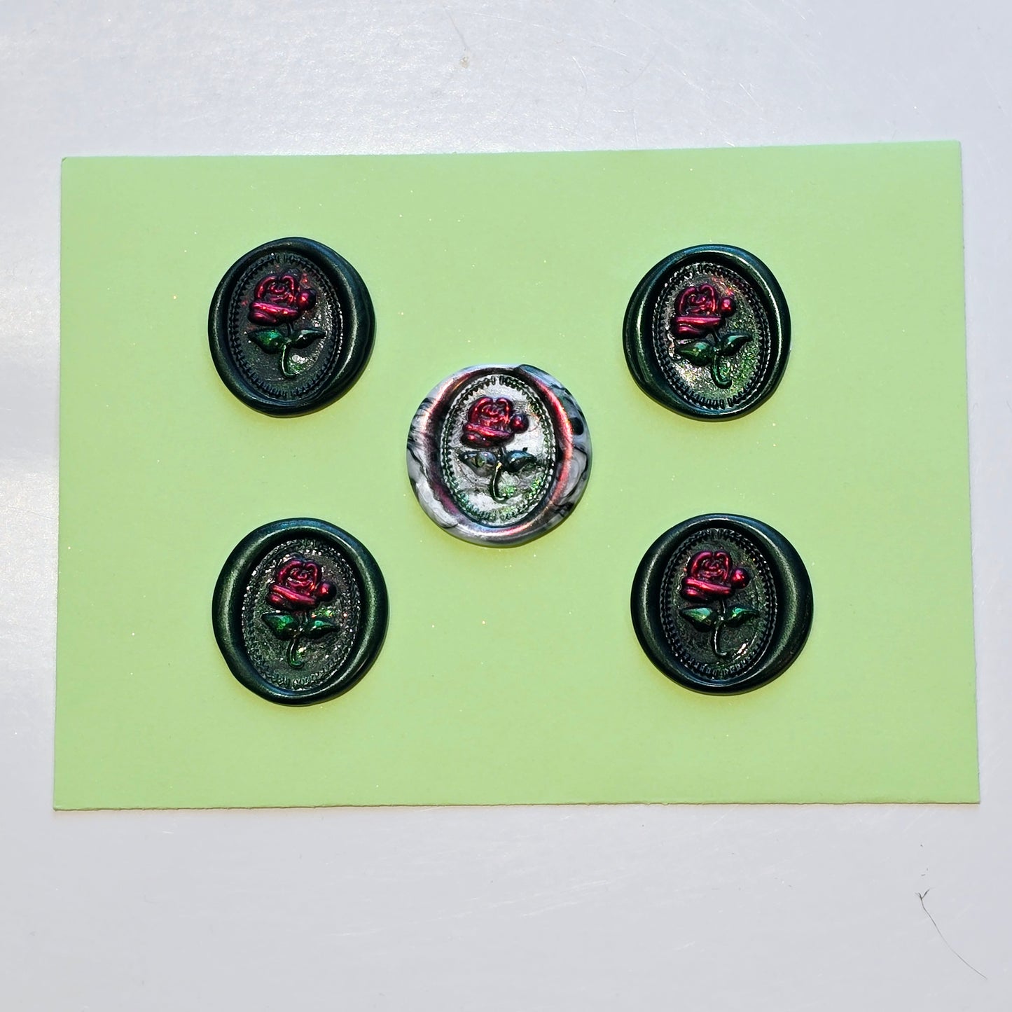 Rose Wax Seals Dark Green Marbled, Red & Silver Set of Five