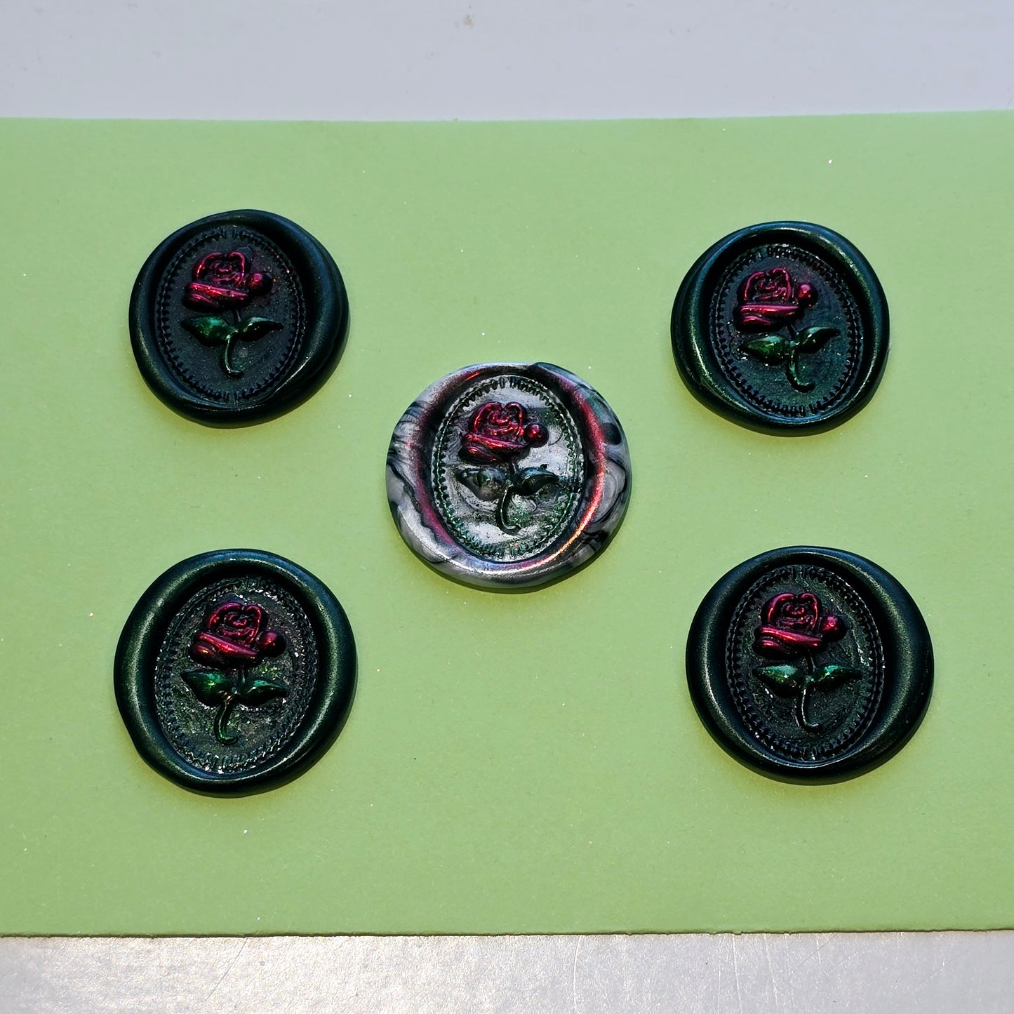 Rose Wax Seals Dark Green Marbled, Red & Silver Set of Five