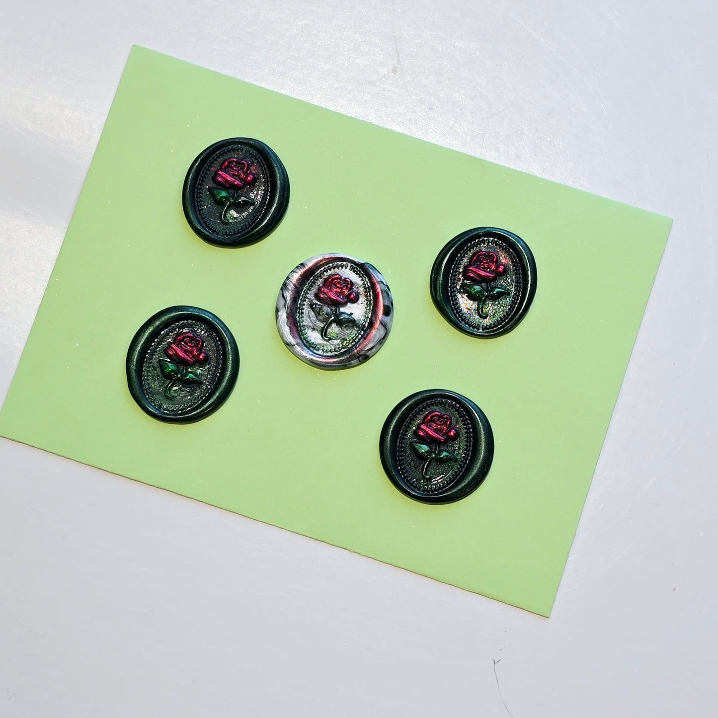 Rose Wax Seals Dark Green Marbled, Red & Silver Set of Five