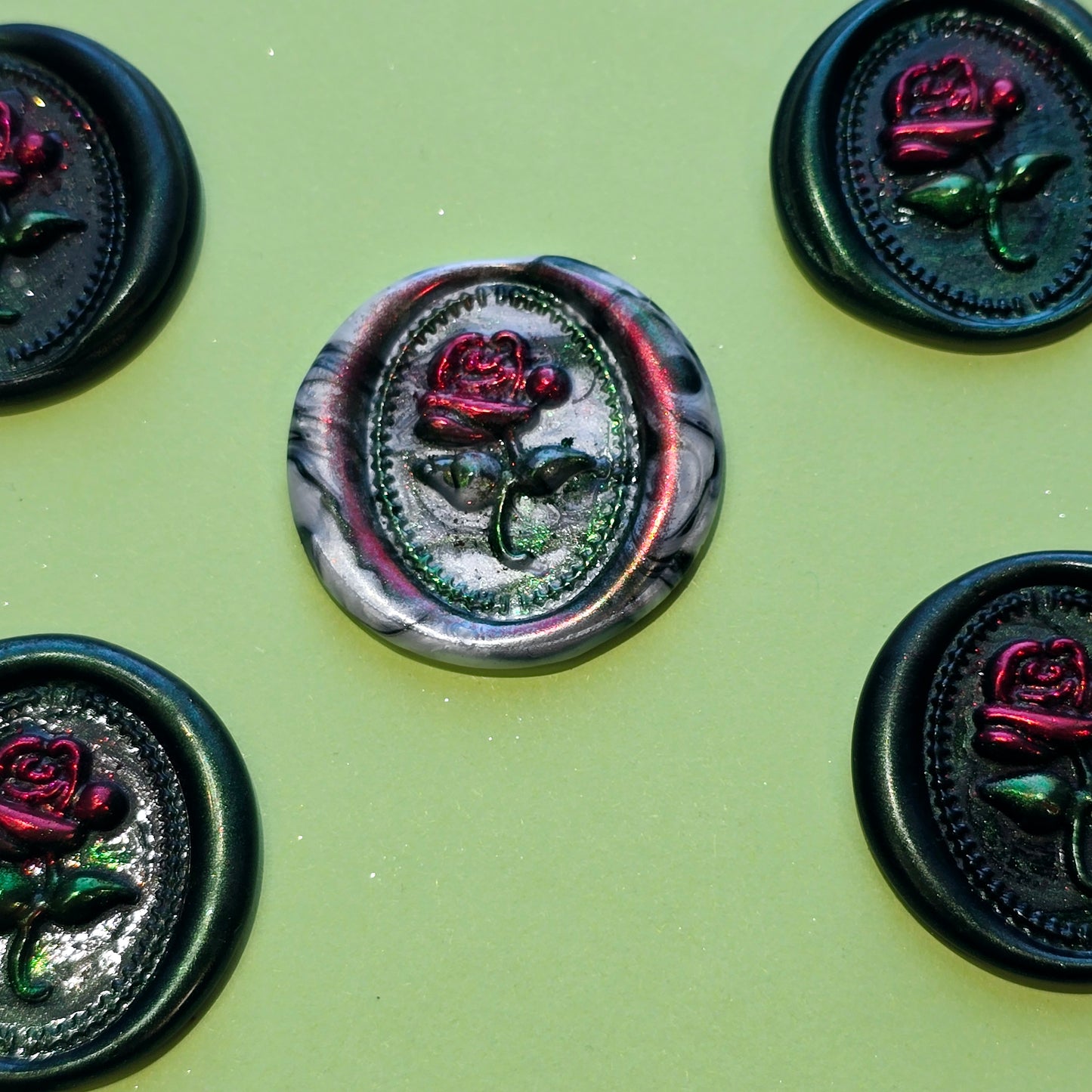 Rose Wax Seals Dark Green Marbled, Red & Silver Set of Five