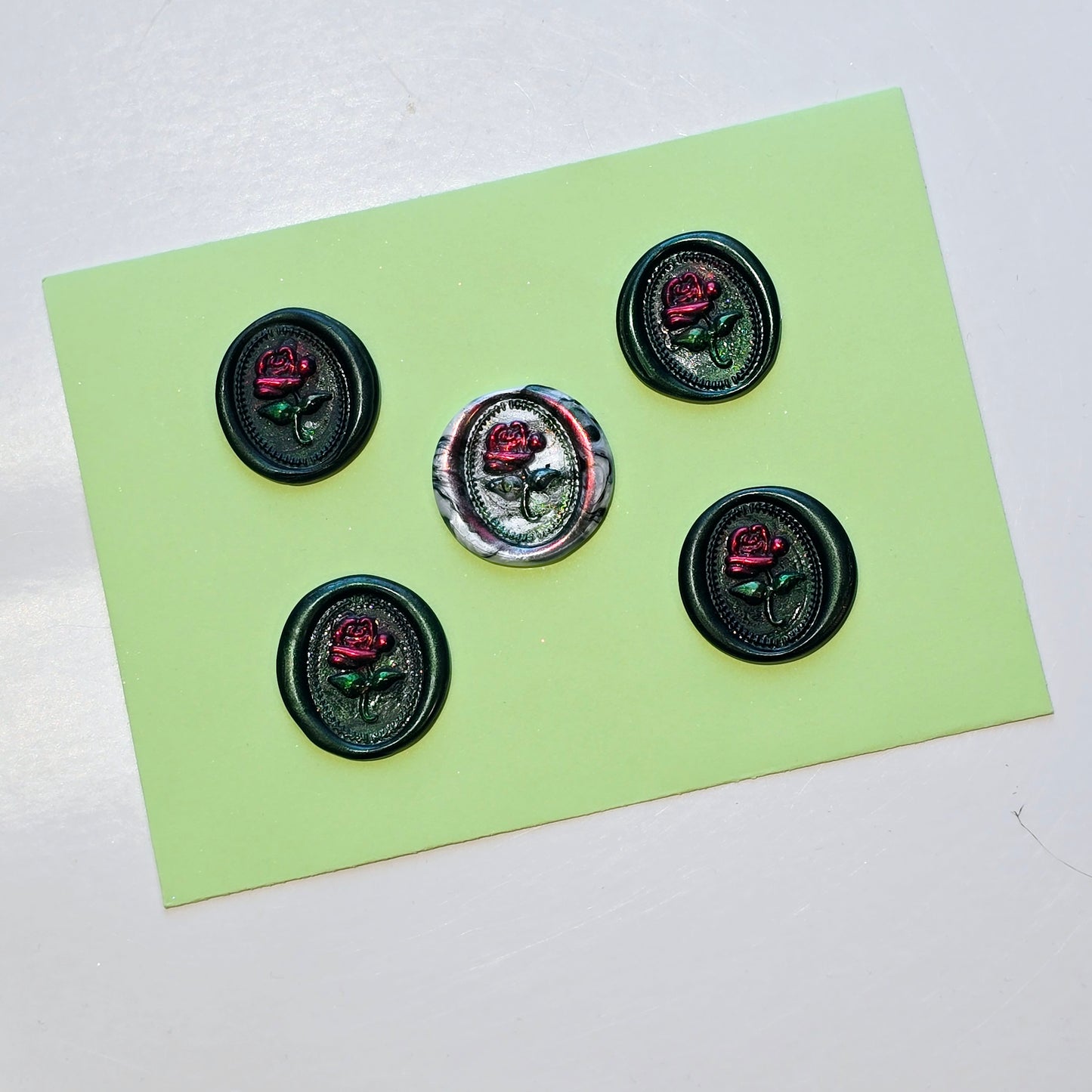 Rose Wax Seals Dark Green Marbled, Red & Silver Set of Five