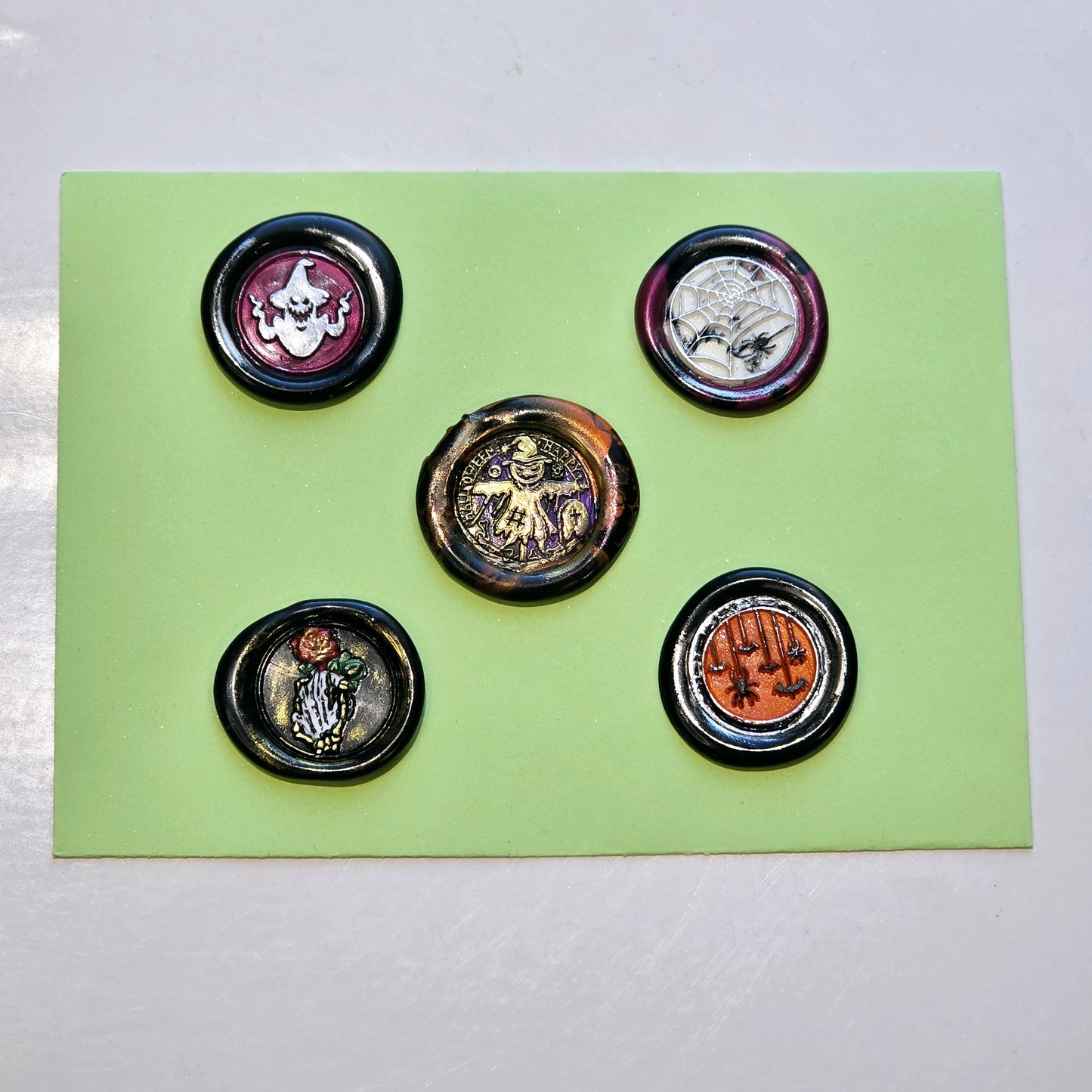 Halloween Wax Seals Spiders, Skeleton Hand & Rose, Scarecrow Set of Five