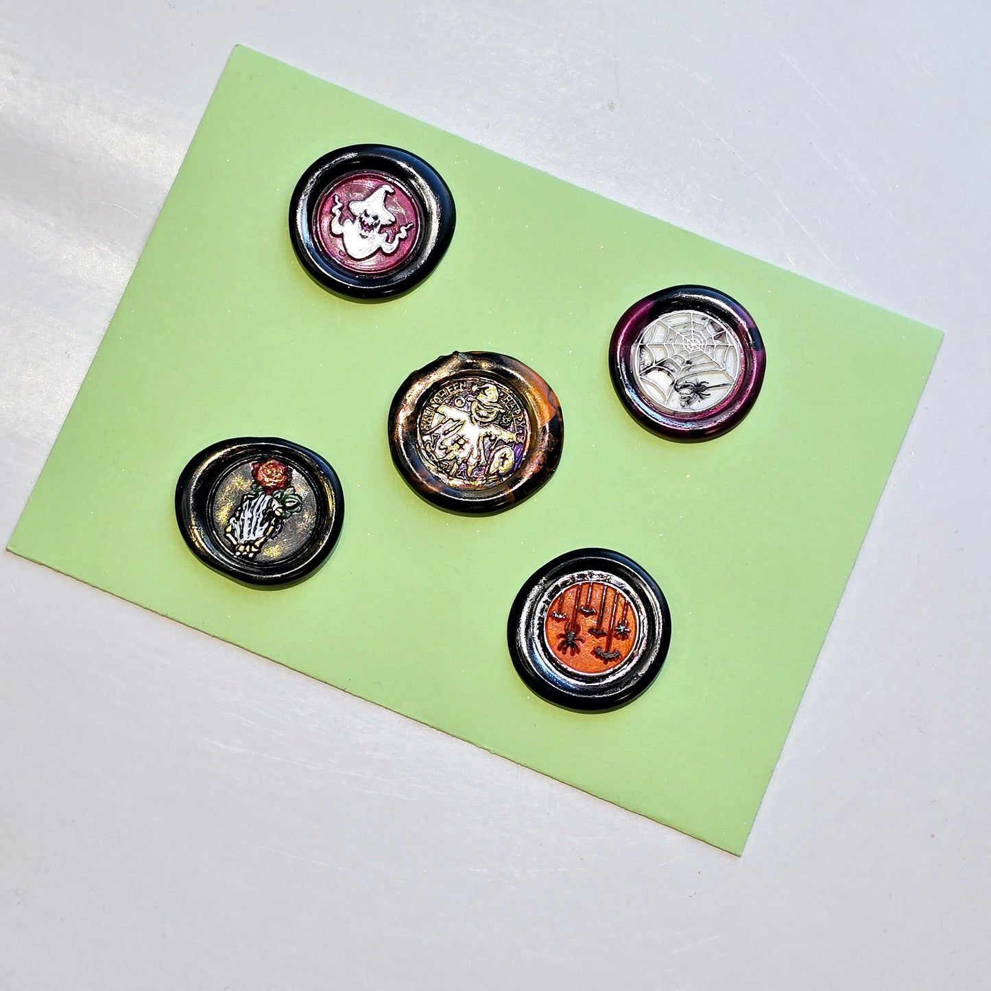 Halloween Wax Seals Spiders, Skeleton Hand & Rose, Scarecrow Set of Five