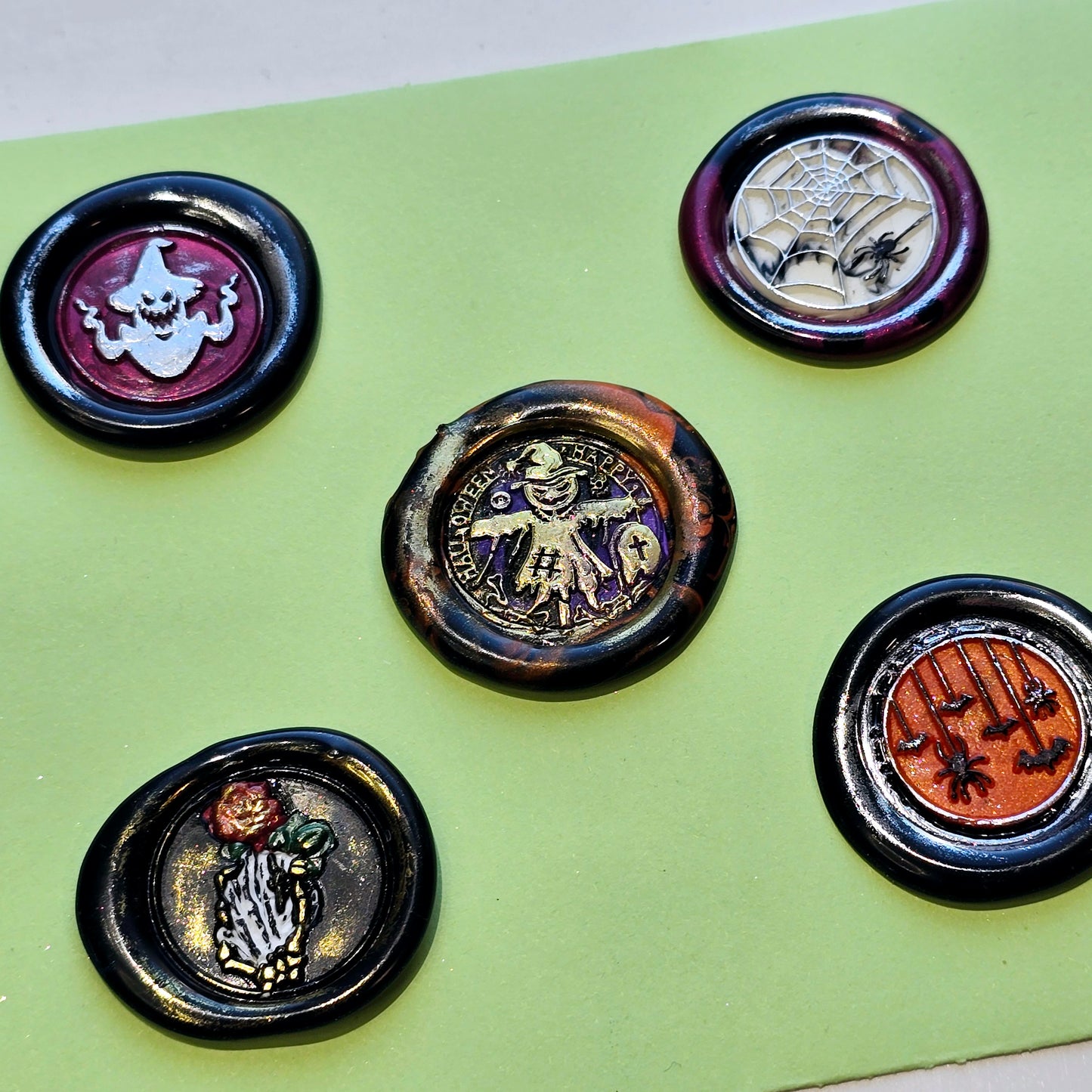 Halloween Wax Seals Spiders, Skeleton Hand & Rose, Scarecrow Set of Five