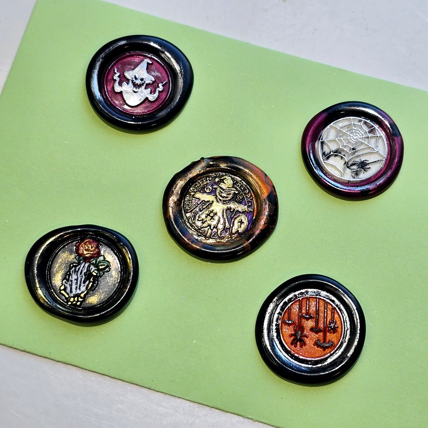 Halloween Wax Seals Spiders, Skeleton Hand & Rose, Scarecrow Set of Five