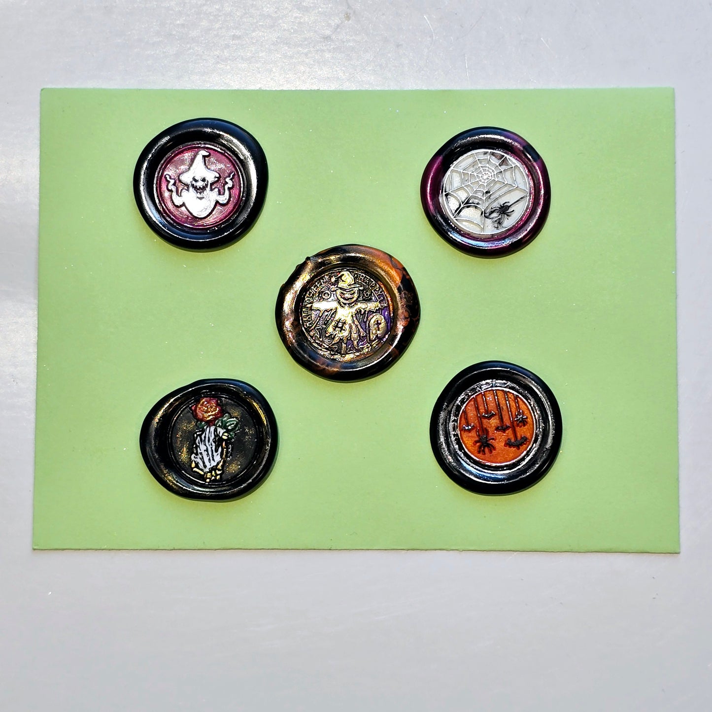 Halloween Wax Seals Spiders, Skeleton Hand & Rose, Scarecrow Set of Five