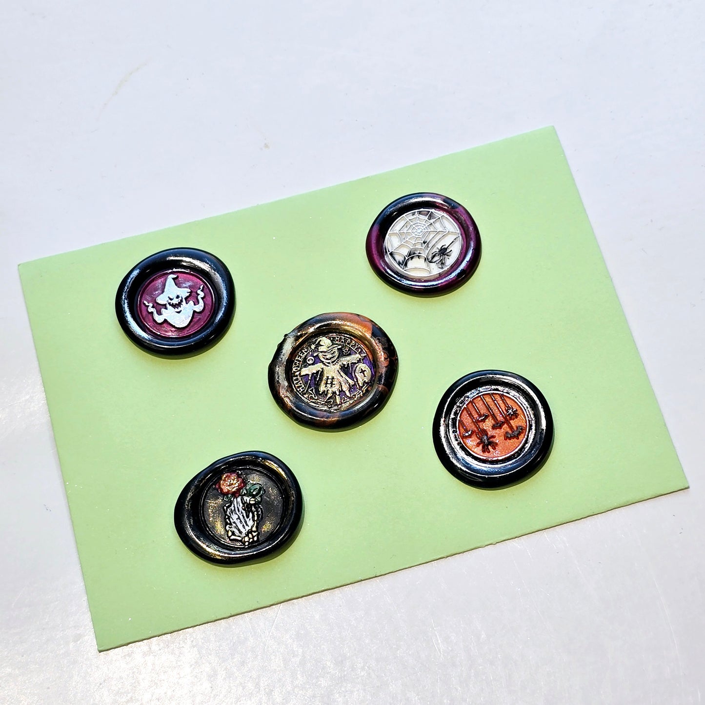 Halloween Wax Seals Spiders, Skeleton Hand & Rose, Scarecrow Set of Five