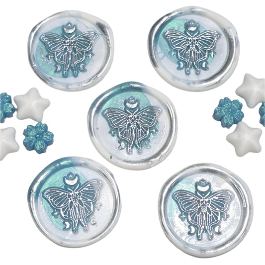 Butterfly White and Teal Blue Green Wax Seals Metallic Set of Five