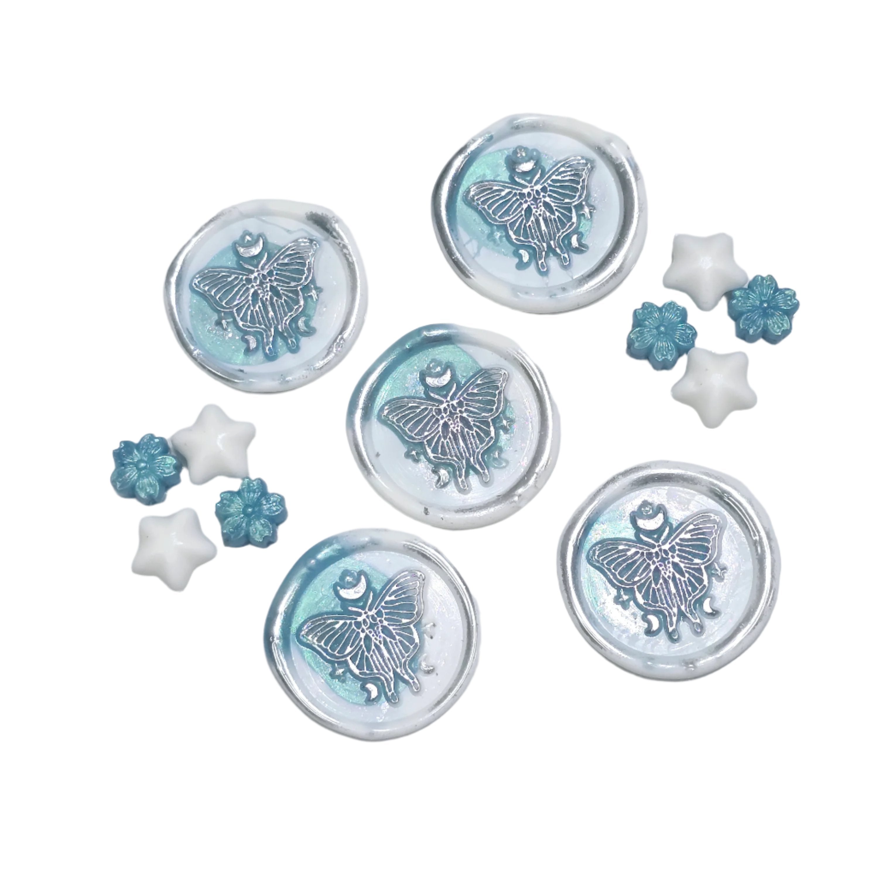 Butterfly White and Teal Blue Green Wax Seals Metallic Set of Five