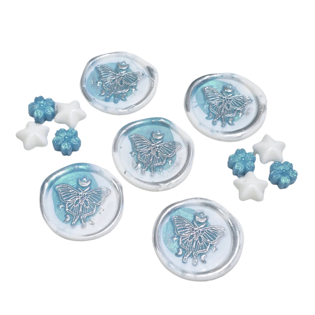 Butterfly White and Teal Blue Green Wax Seals Metallic Set of Five