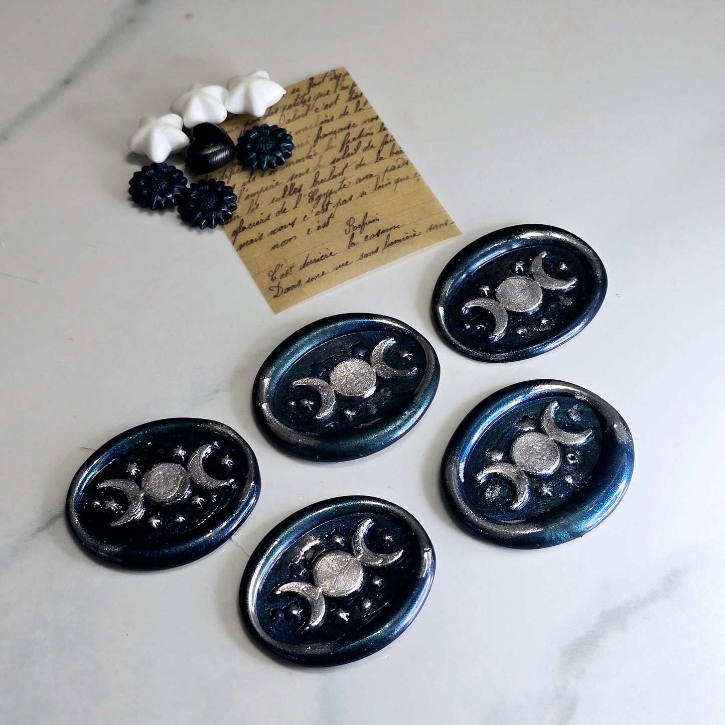 Triple Moon Midnight Blue & Silver Wax Seals Set of Five