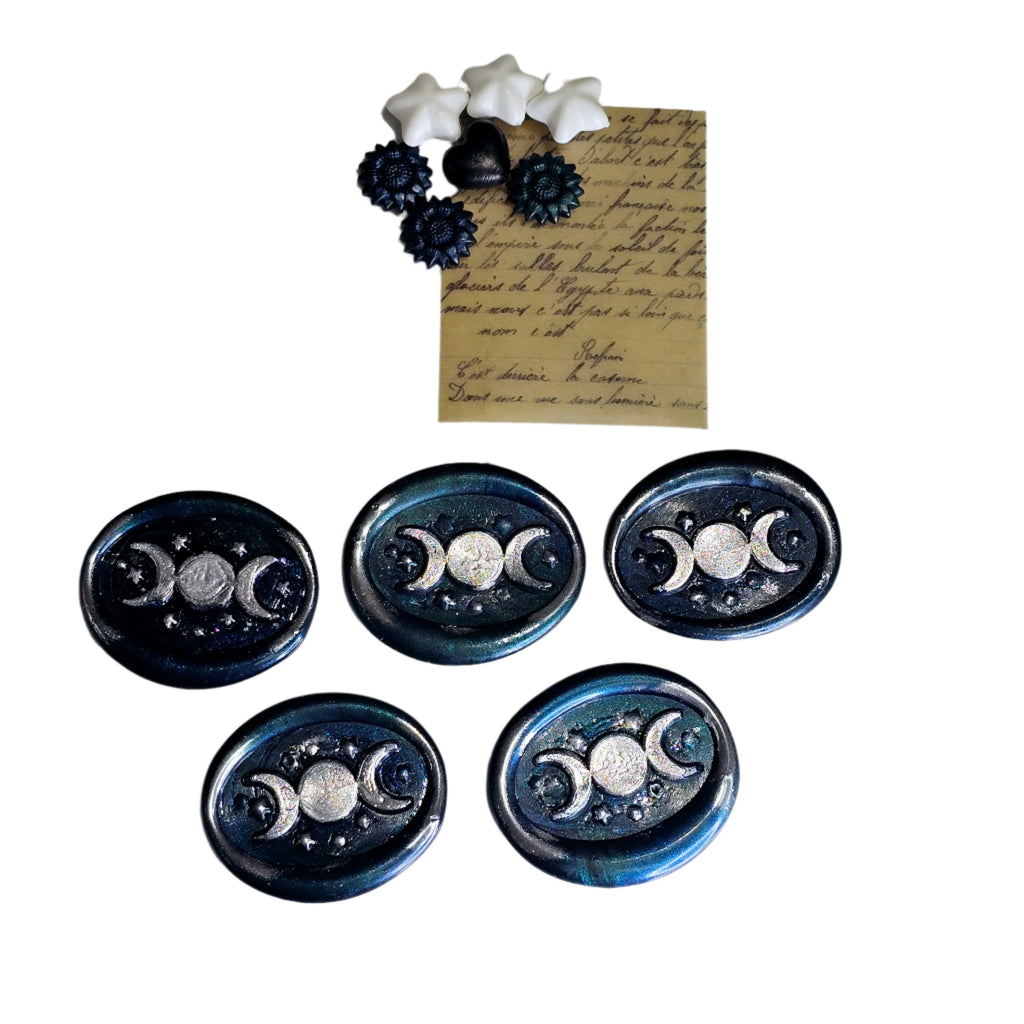 Triple Moon Midnight Blue & Silver Wax Seals Set of Five, for cards, invitations, letters and gifts!