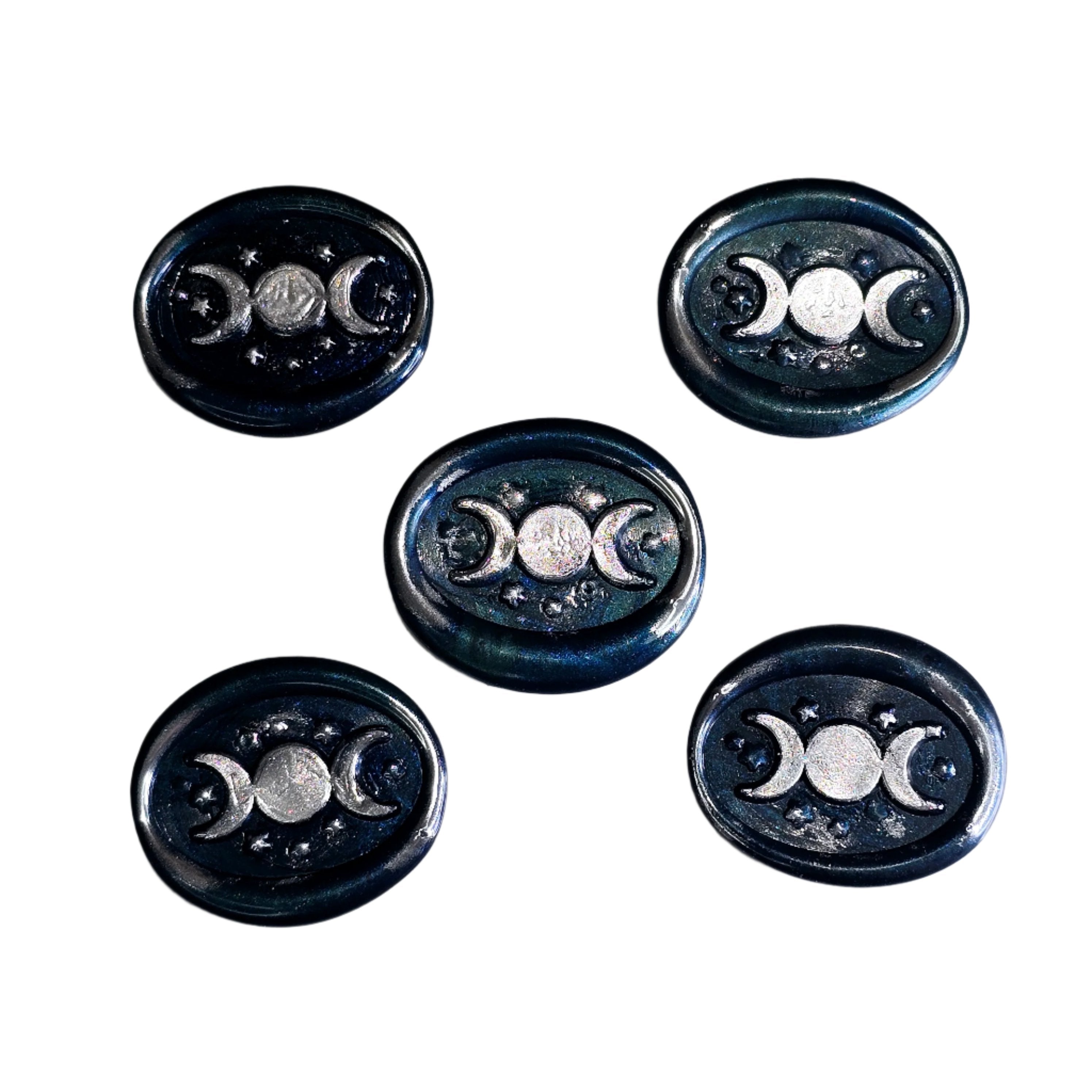 Triple Moon Midnight Blue & Silver Wax Seals Set of Five, for cards, invitations, letters and gifts!