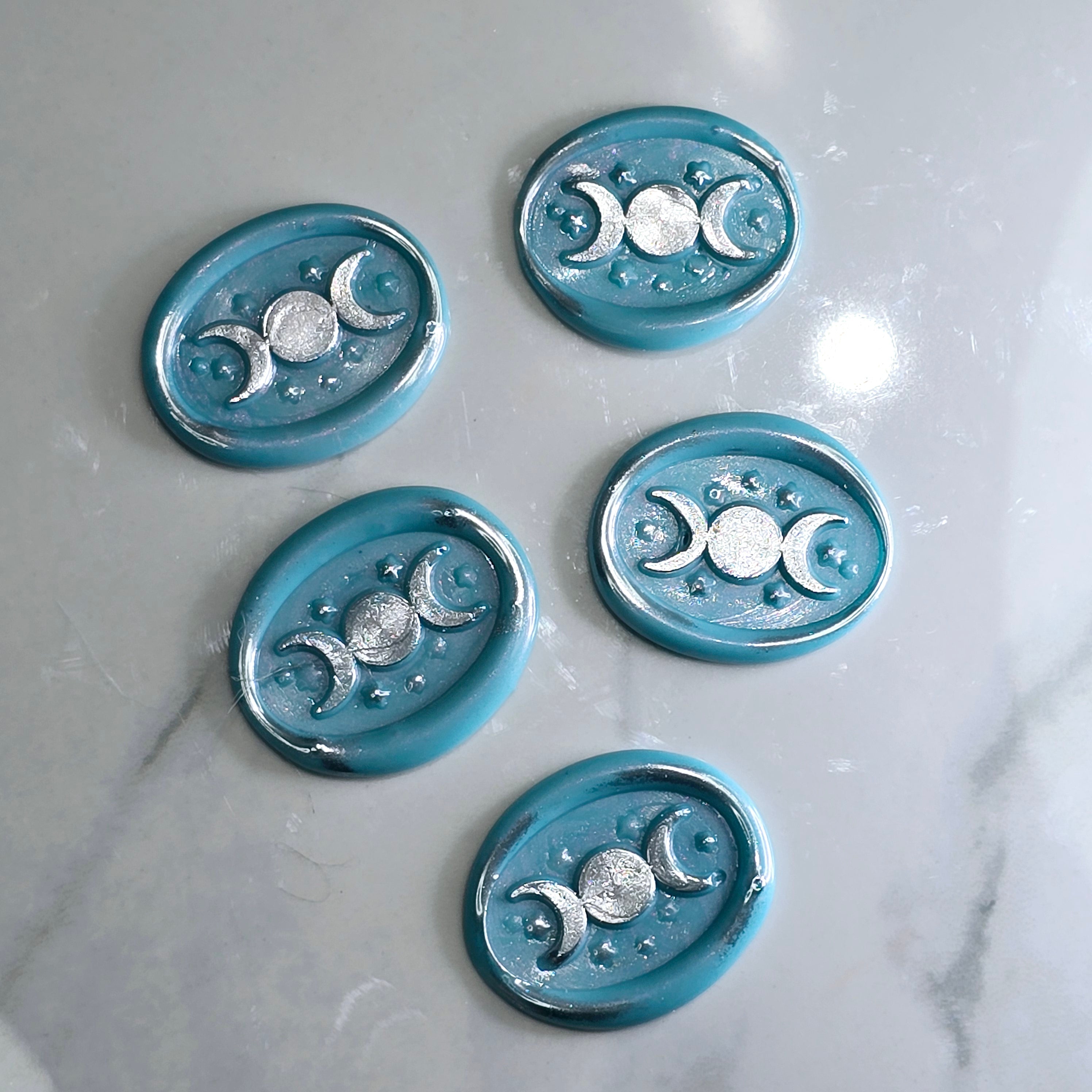 Triple Moon Sky Blue & Silver Wax Seals Set of Five Set of Five, for cards, invitations, letters and gifts!