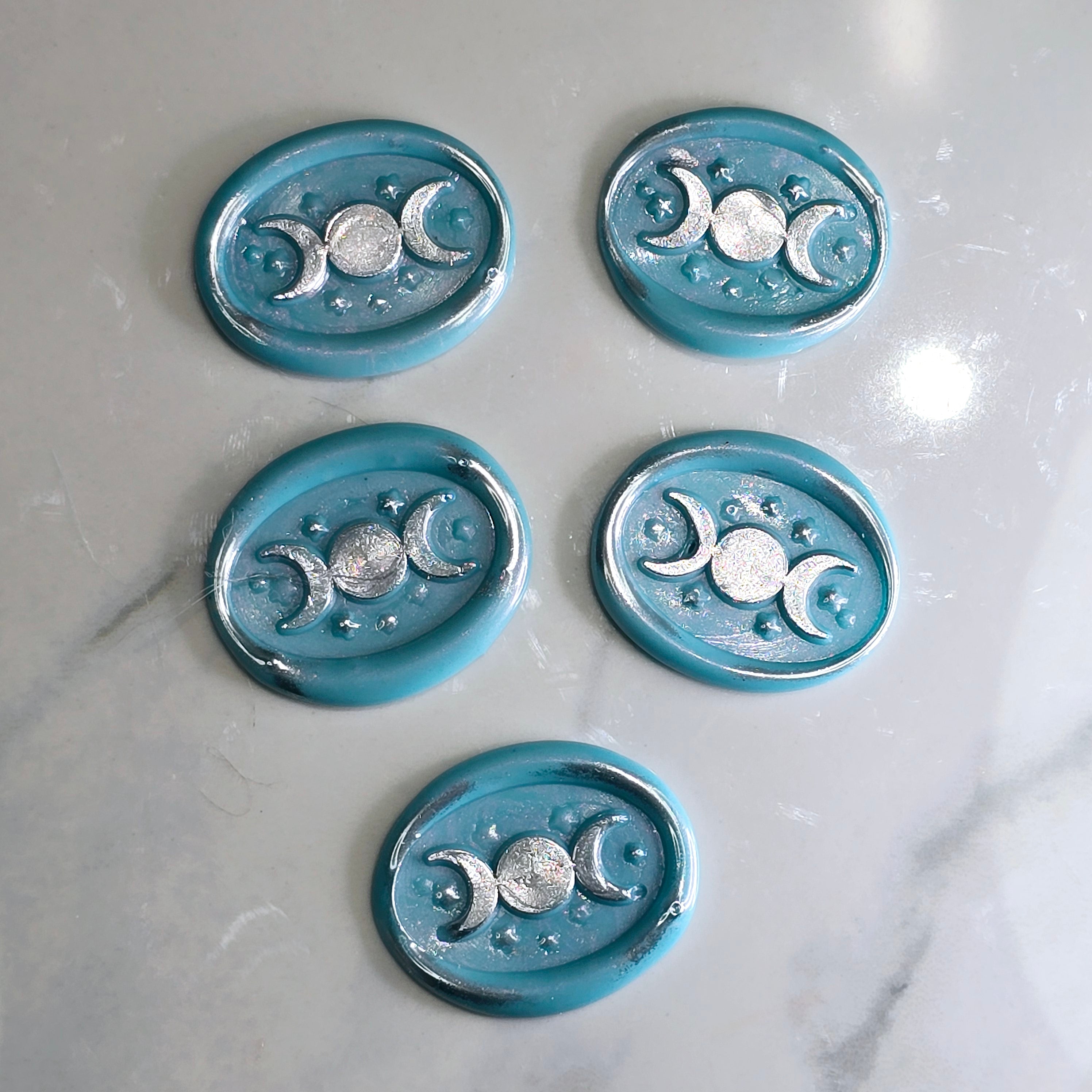Triple Moon Sky Blue & Silver Wax Seals Set of Five Set of Five, for cards, invitations, letters and gifts!