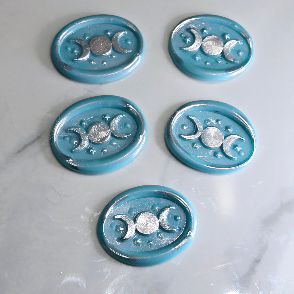 Triple Moon Sky Blue & Silver Wax Seals Set of Five Set of Five, for cards, invitations, letters and gifts!