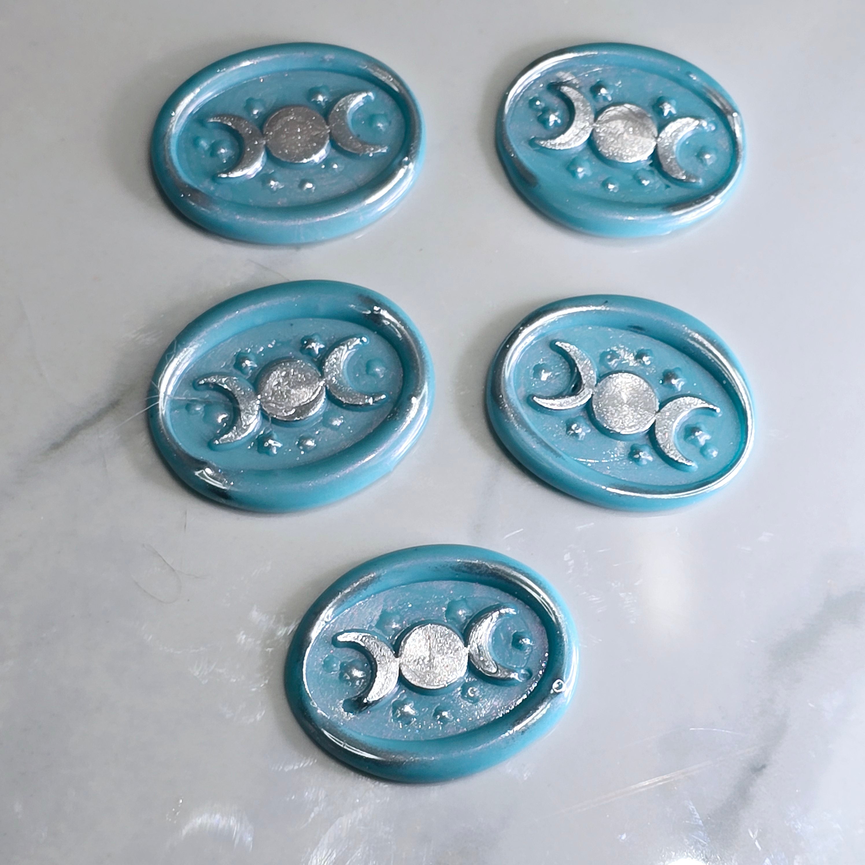 Triple Moon Sky Blue & Silver Wax Seals Set of Five Set of Five, for cards, invitations, letters and gifts!