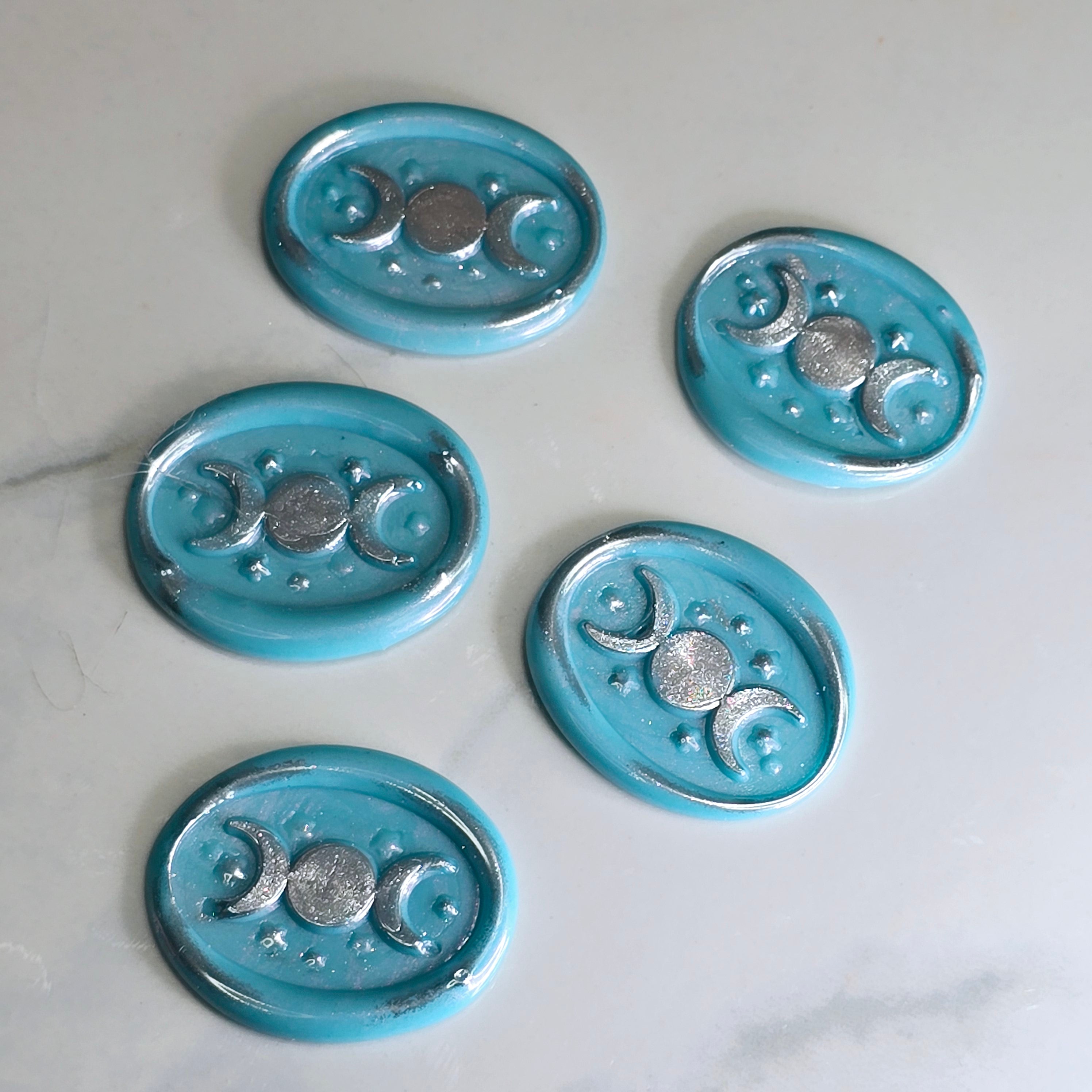 Triple Moon Sky Blue & Silver Wax Seals Set of Five Set of Five, for cards, invitations, letters and gifts!