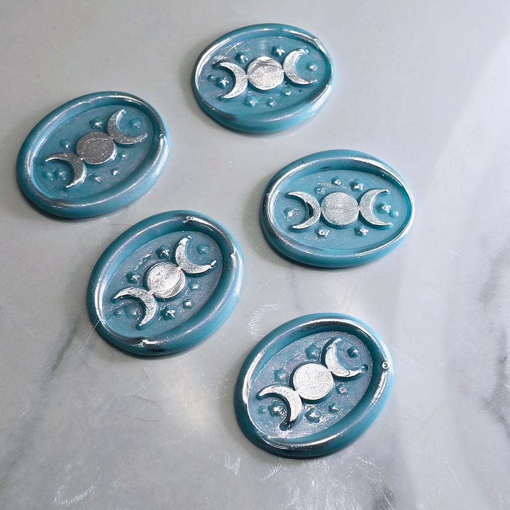 Triple Moon Sky Blue & Silver Wax Seals Set of Five Set of Five, for cards, invitations, letters and gifts!
