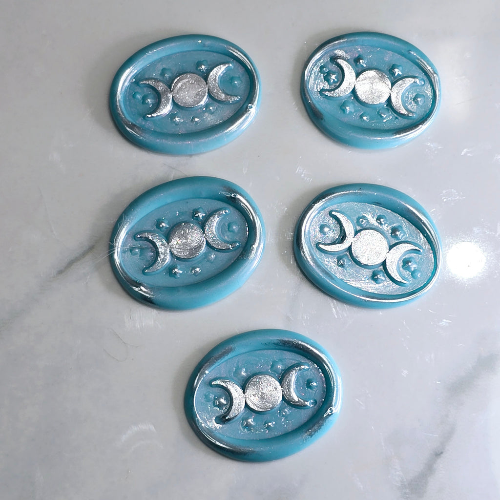 Triple Moon Sky Blue & Silver Wax Seals Set of Five Set of Five, for cards, invitations, letters and gifts!