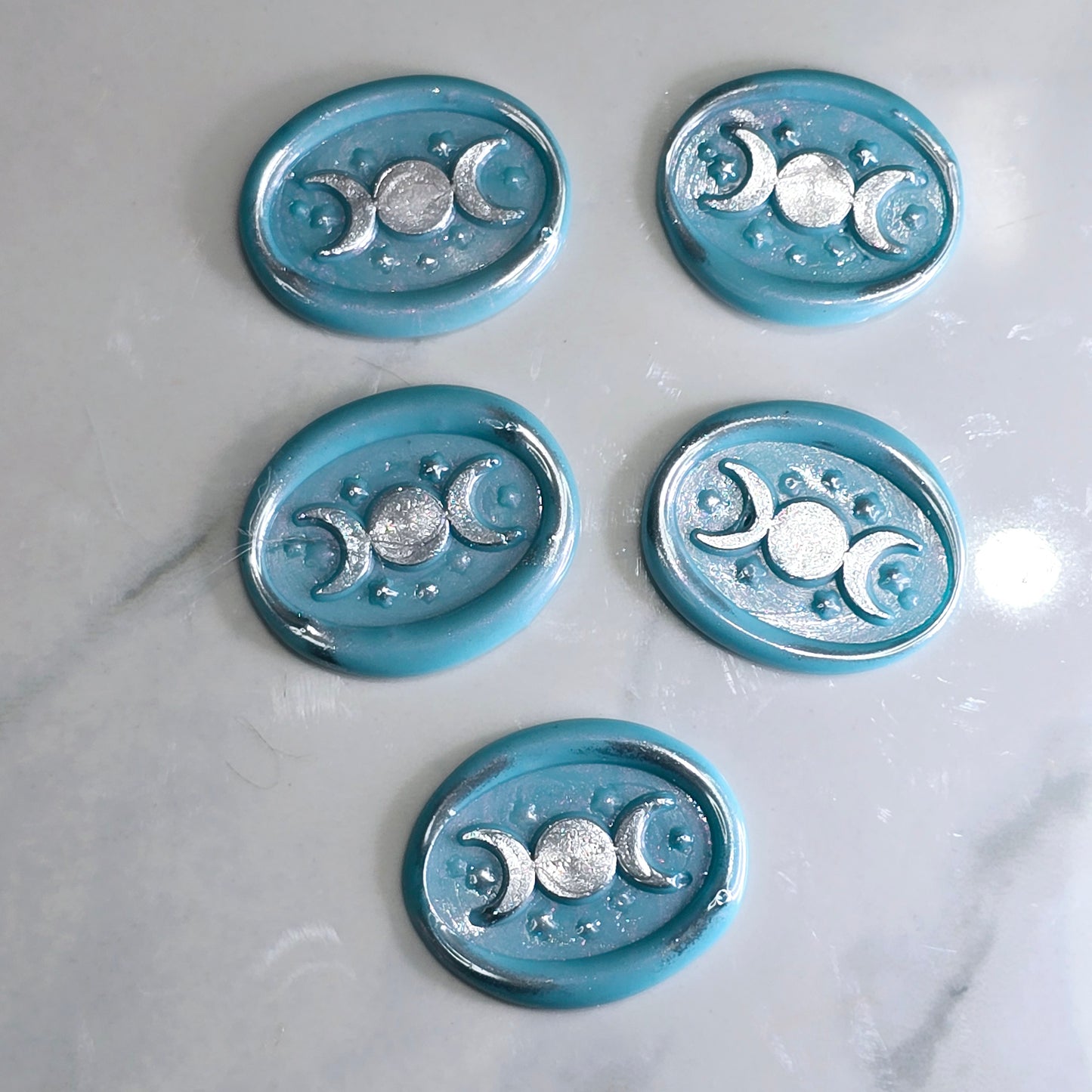 Triple Moon Sky Blue & Silver Wax Seals Set of Five Set of Five