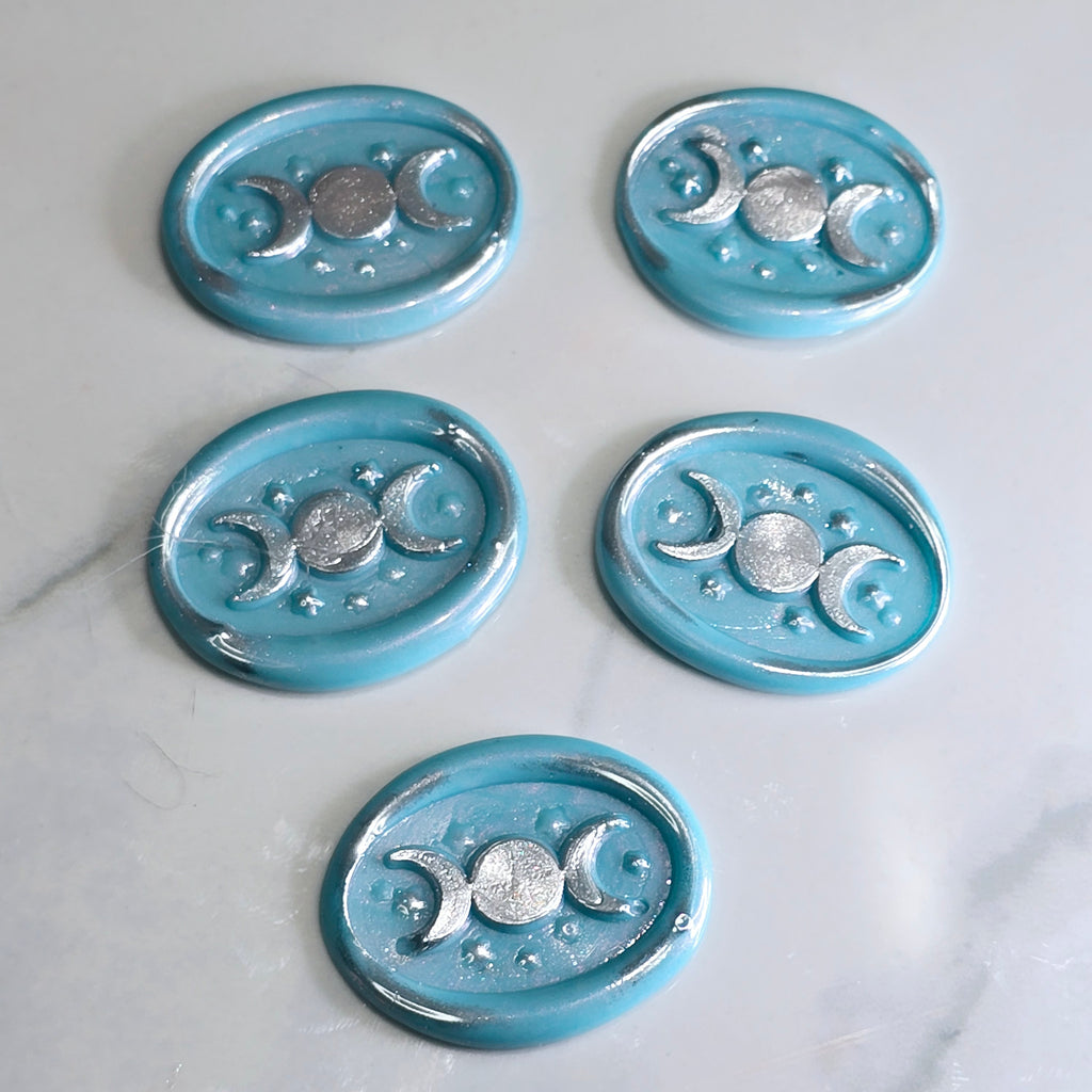 Triple Moon Sky Blue & Silver Wax Seals Set of Five Set of Five, for cards, invitations, letters and gifts!