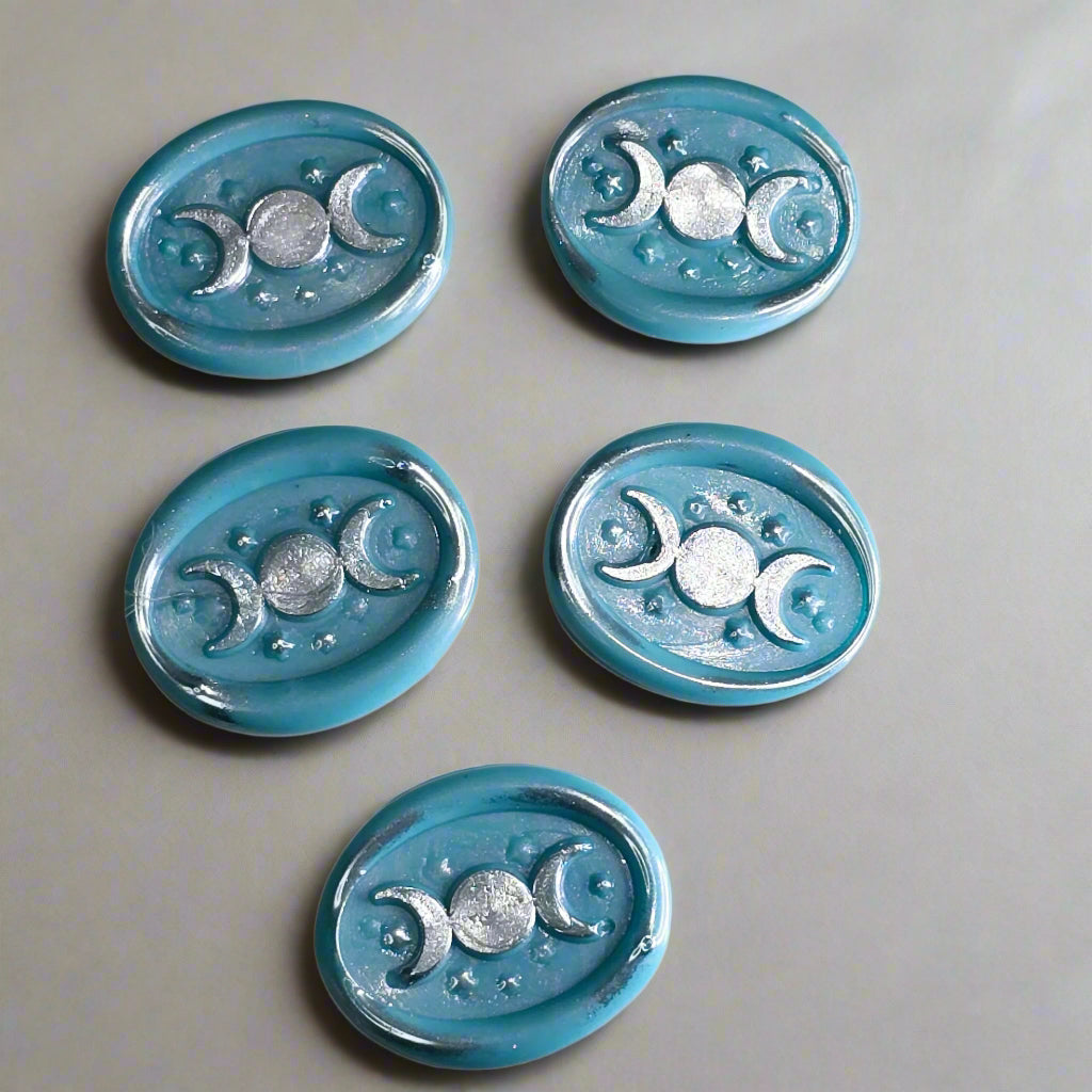 Triple Moon Sky Blue & Silver Wax Seals Set of Five Set of Five, for cards, invitations, letters and gifts!