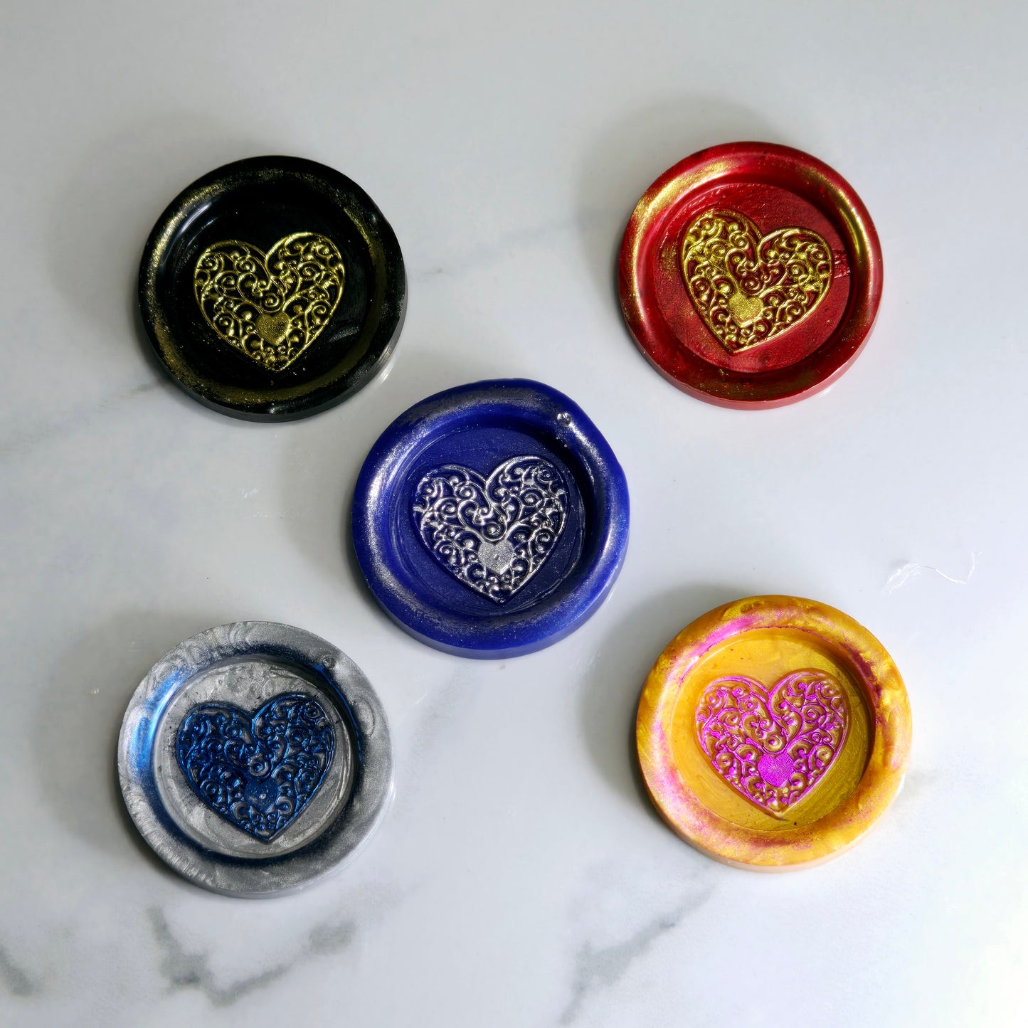 Heart Wax Seal, Blue, Red, Gold, Black & Silver Metallic Set of Five