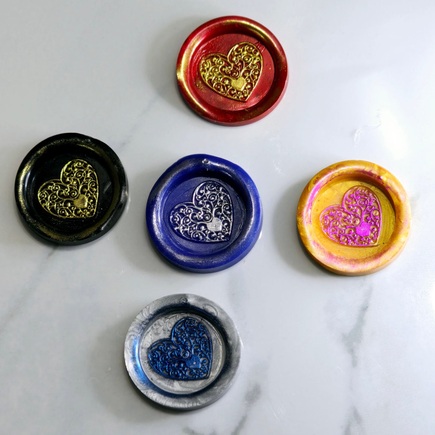 Heart Wax Seal, Blue, Red, Gold, Black & Silver Metallic Set of Five