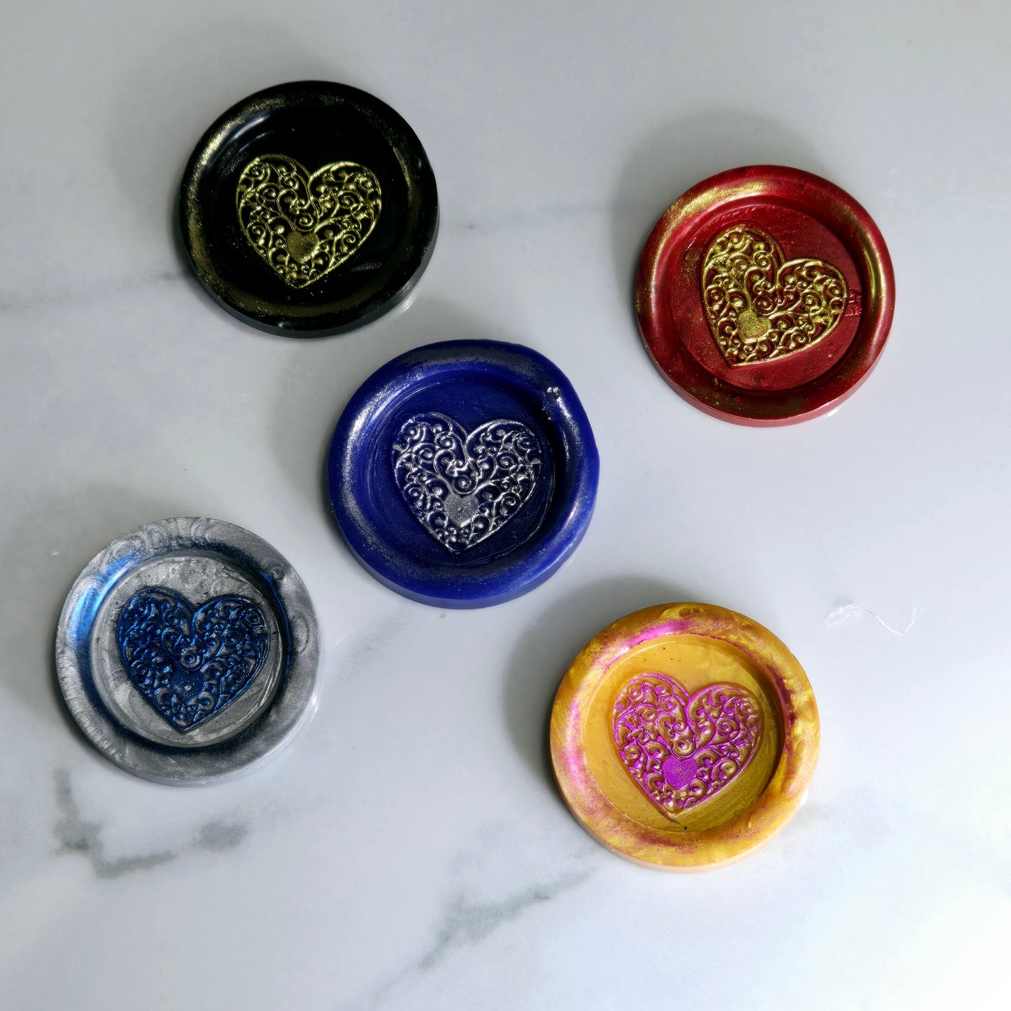 Heart Wax Seal, Blue, Red, Gold, Black & Silver Metallic Set of Five