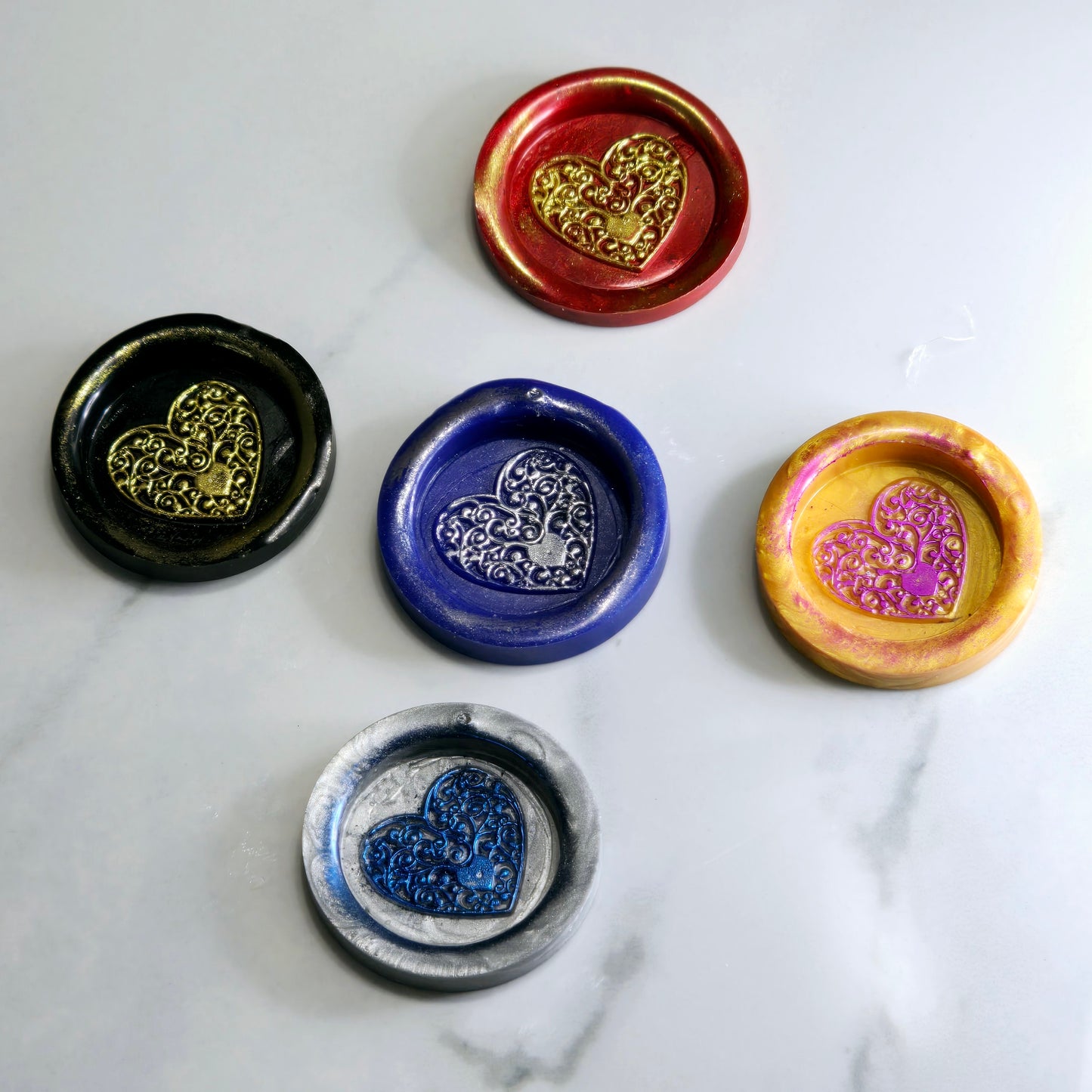 Heart Wax Seal, Blue, Red, Gold, Black & Silver Metallic Set of Five