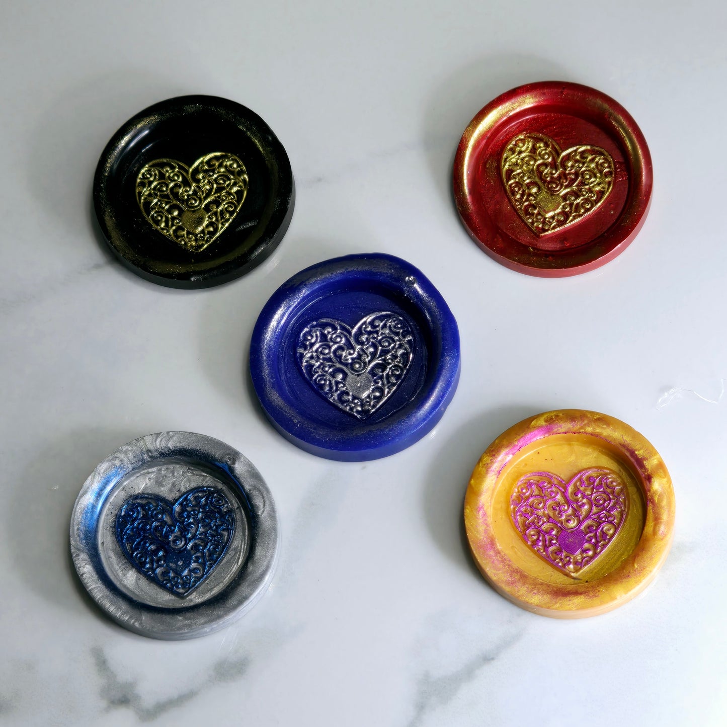 Heart Wax Seal, Blue, Red, Gold, Black & Silver Metallic Set of Five