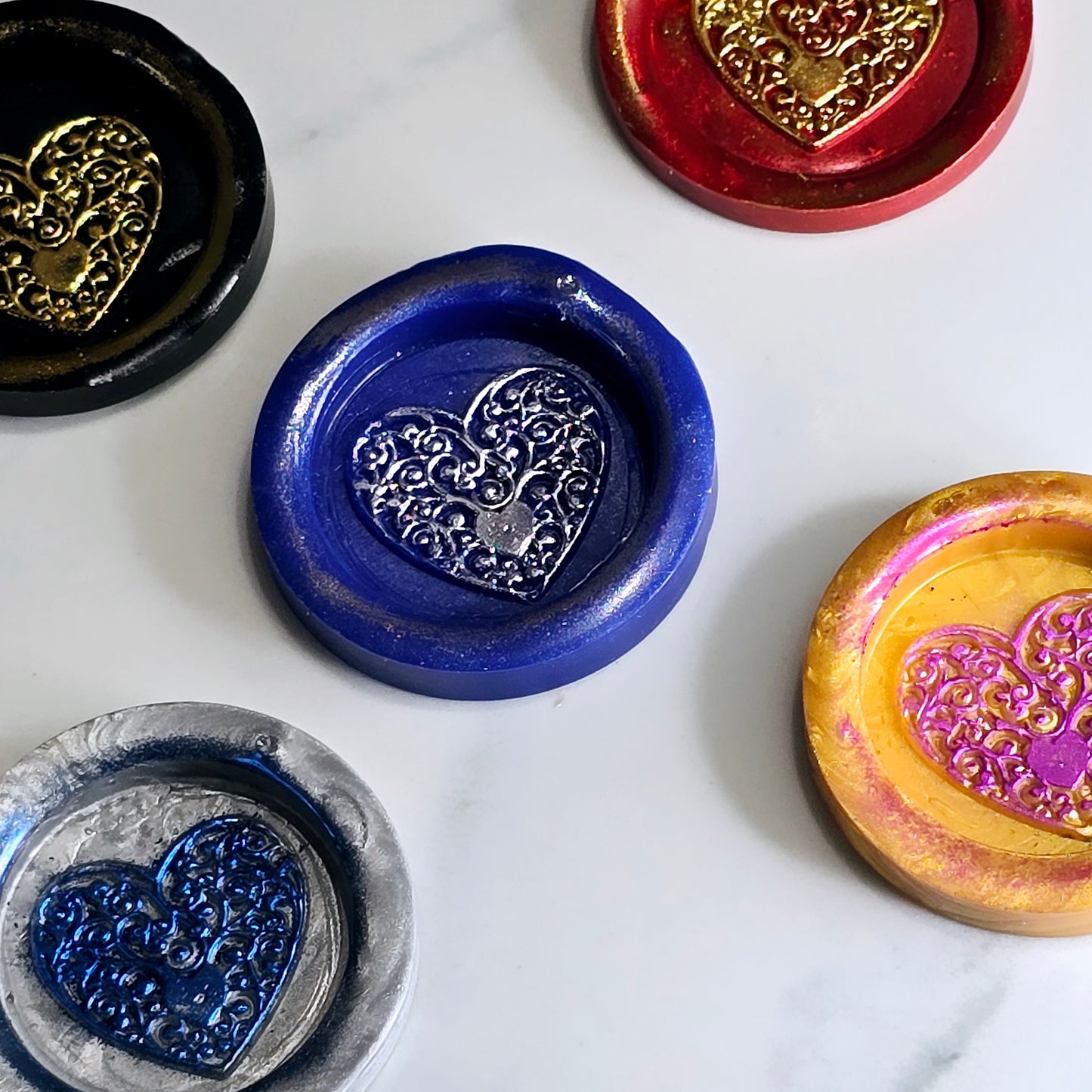 Heart Wax Seal, Blue, Red, Gold, Black & Silver Metallic Set of Five