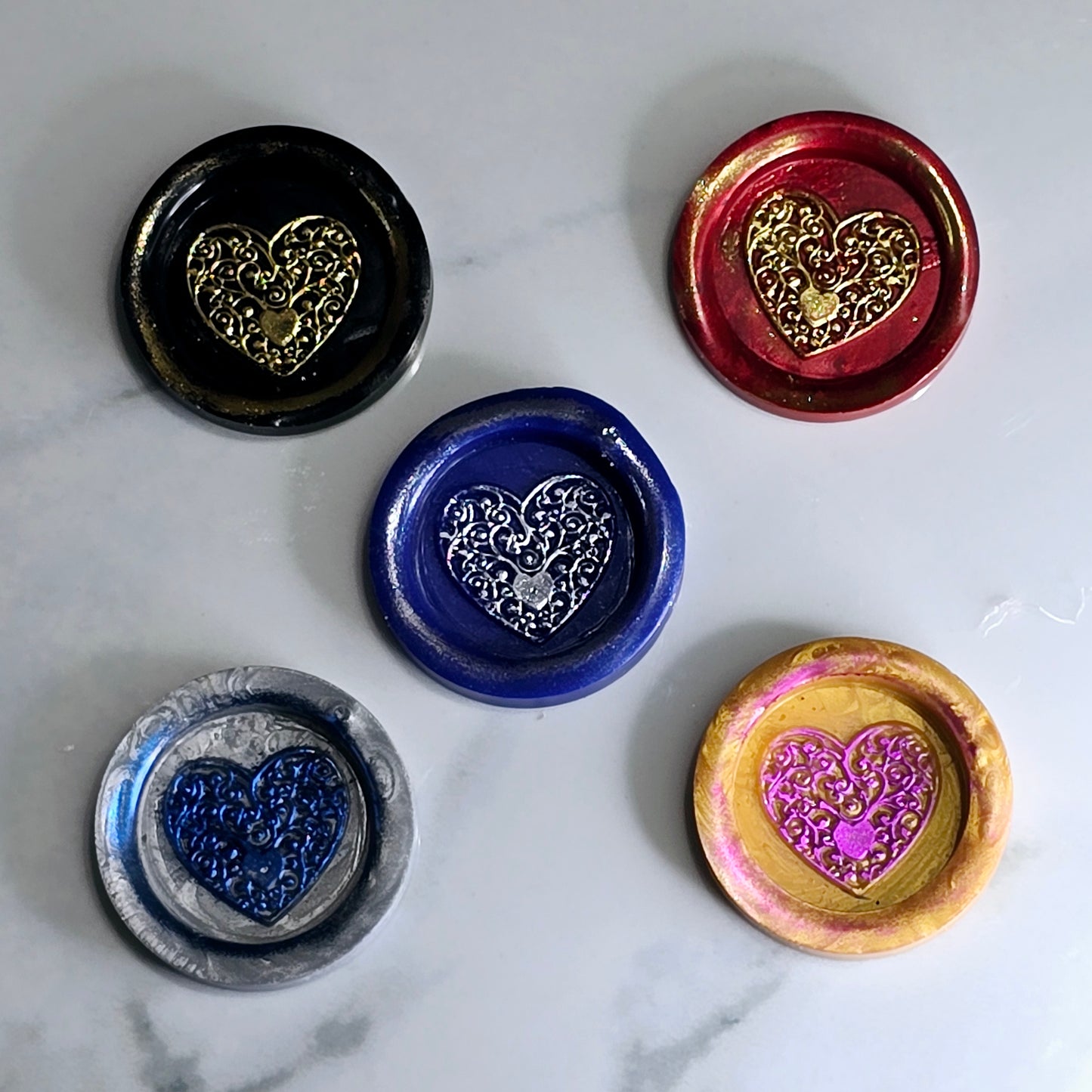 Heart Wax Seal, Blue, Red, Gold, Black & Silver Metallic Set of Five