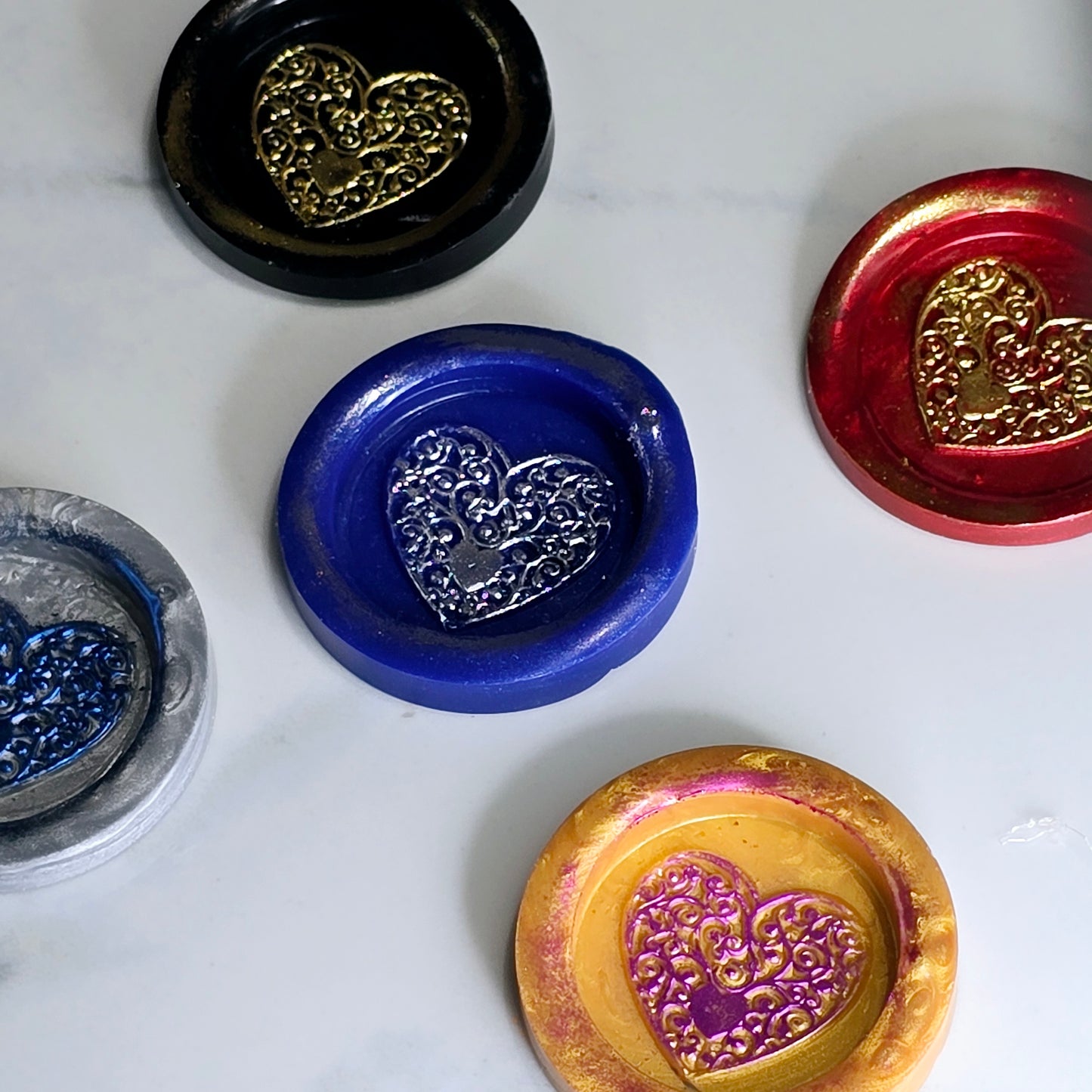 Heart Wax Seal, Blue, Red, Gold, Black & Silver Metallic Set of Five