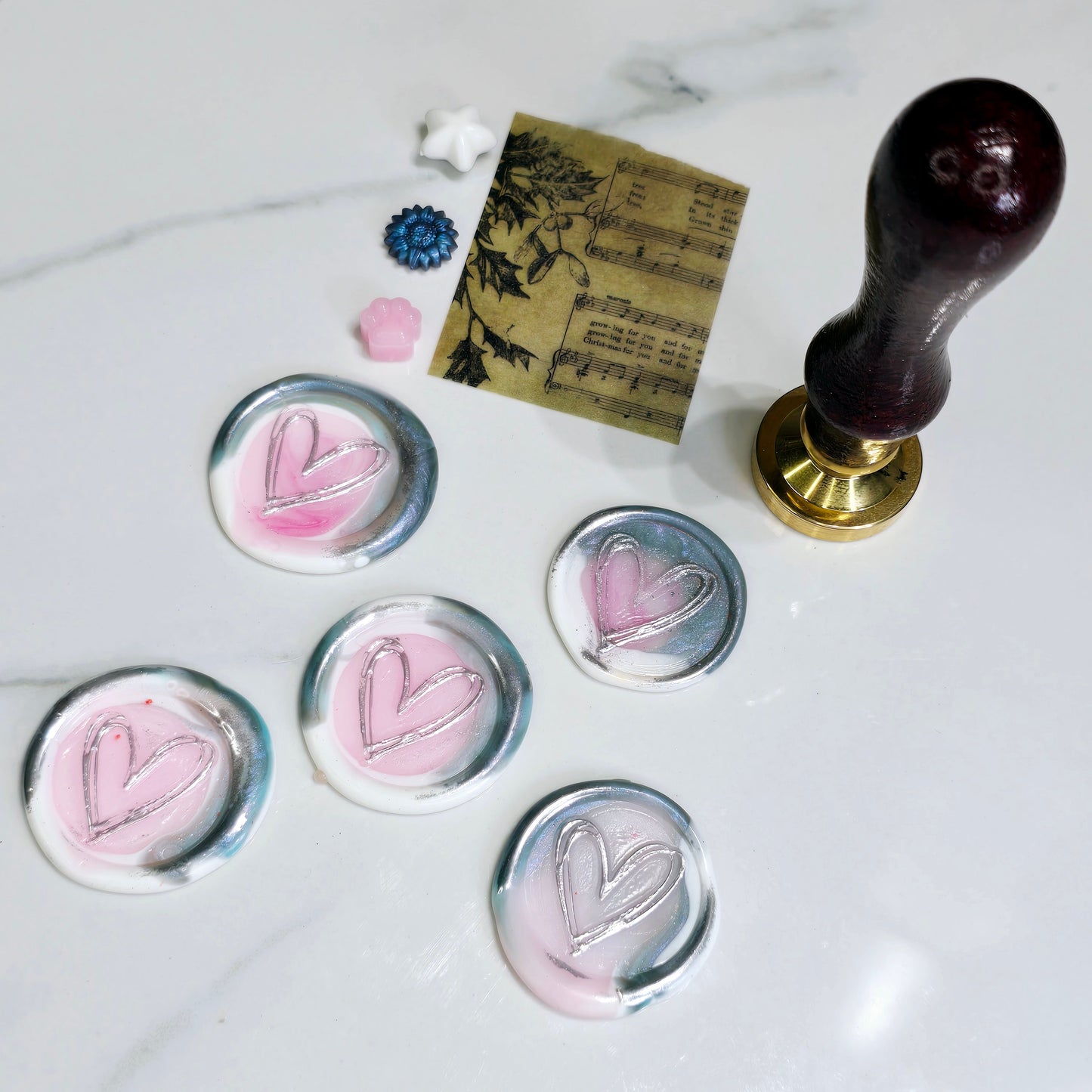 Heart Wax Seals Blue Gray,White,Pink & Silver Seals Set of Five