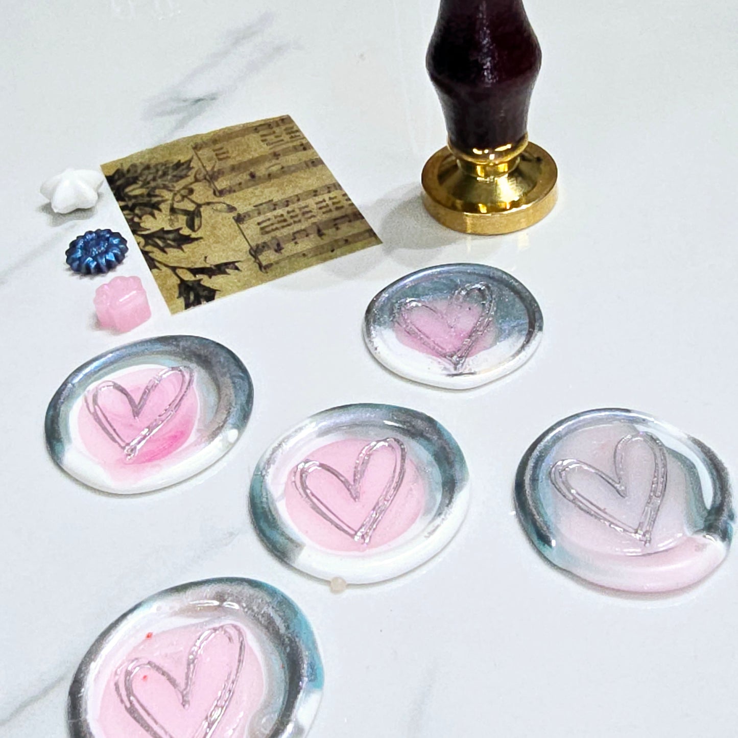 Heart Wax Seals Blue Gray,White,Pink & Silver Seals Set of Five