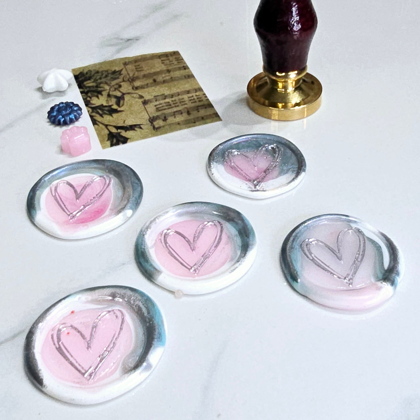 Heart Wax Seals Blue Gray,White,Pink & Silver Seals Set of Five