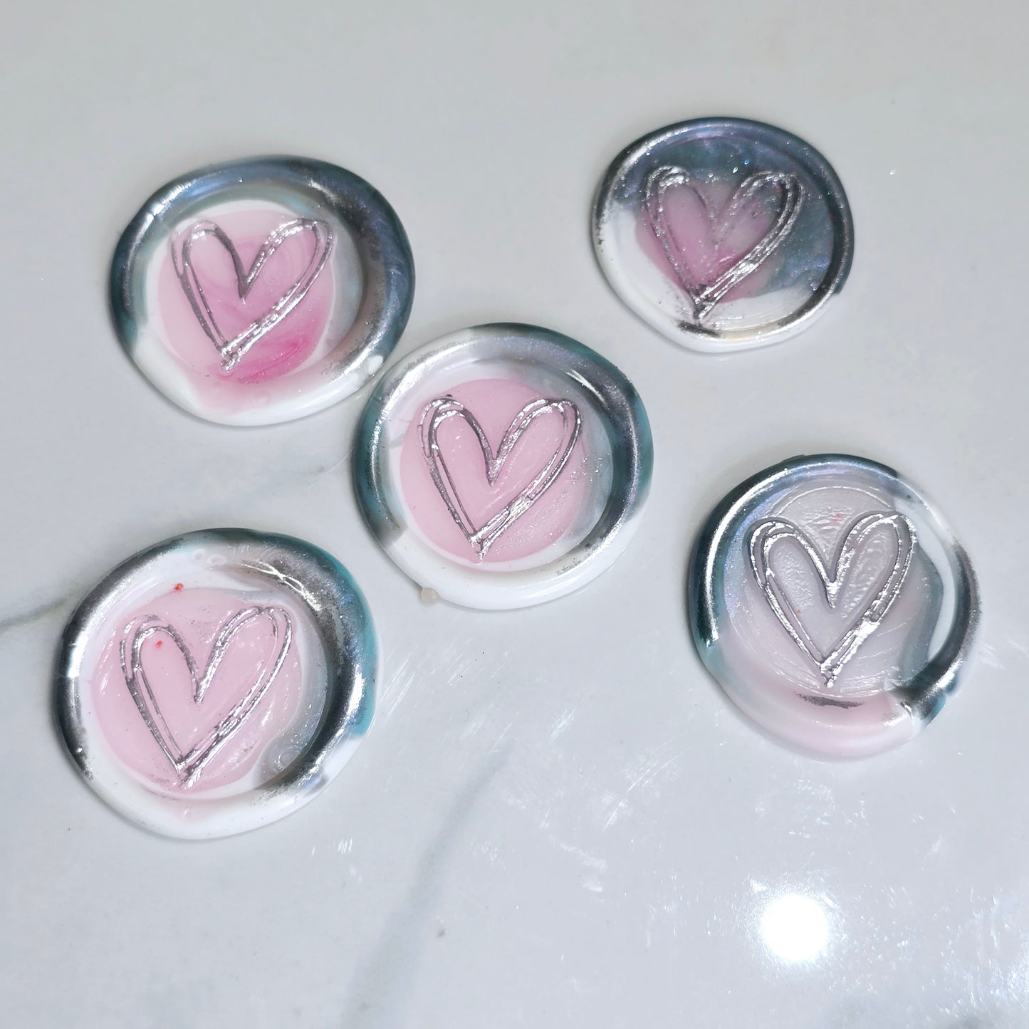 Heart Wax Seals Blue Gray,White,Pink & Silver Seals Set of Five