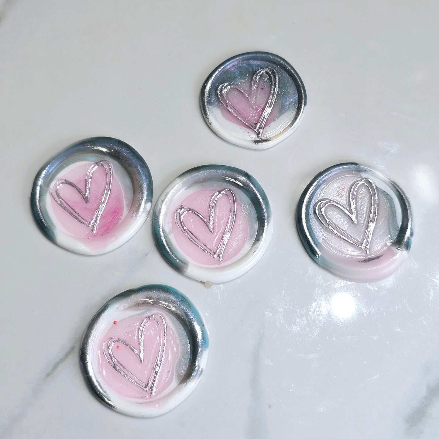 Heart Wax Seals Blue Gray,White,Pink & Silver Seals Set of Five