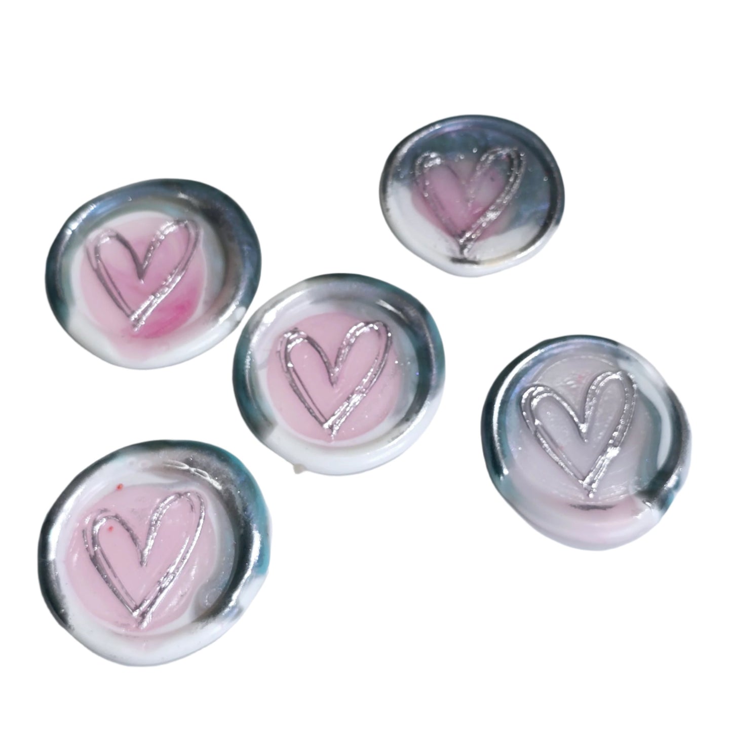 Heart Wax Seals Blue Gray,White,Pink & Silver Seals Set of Five