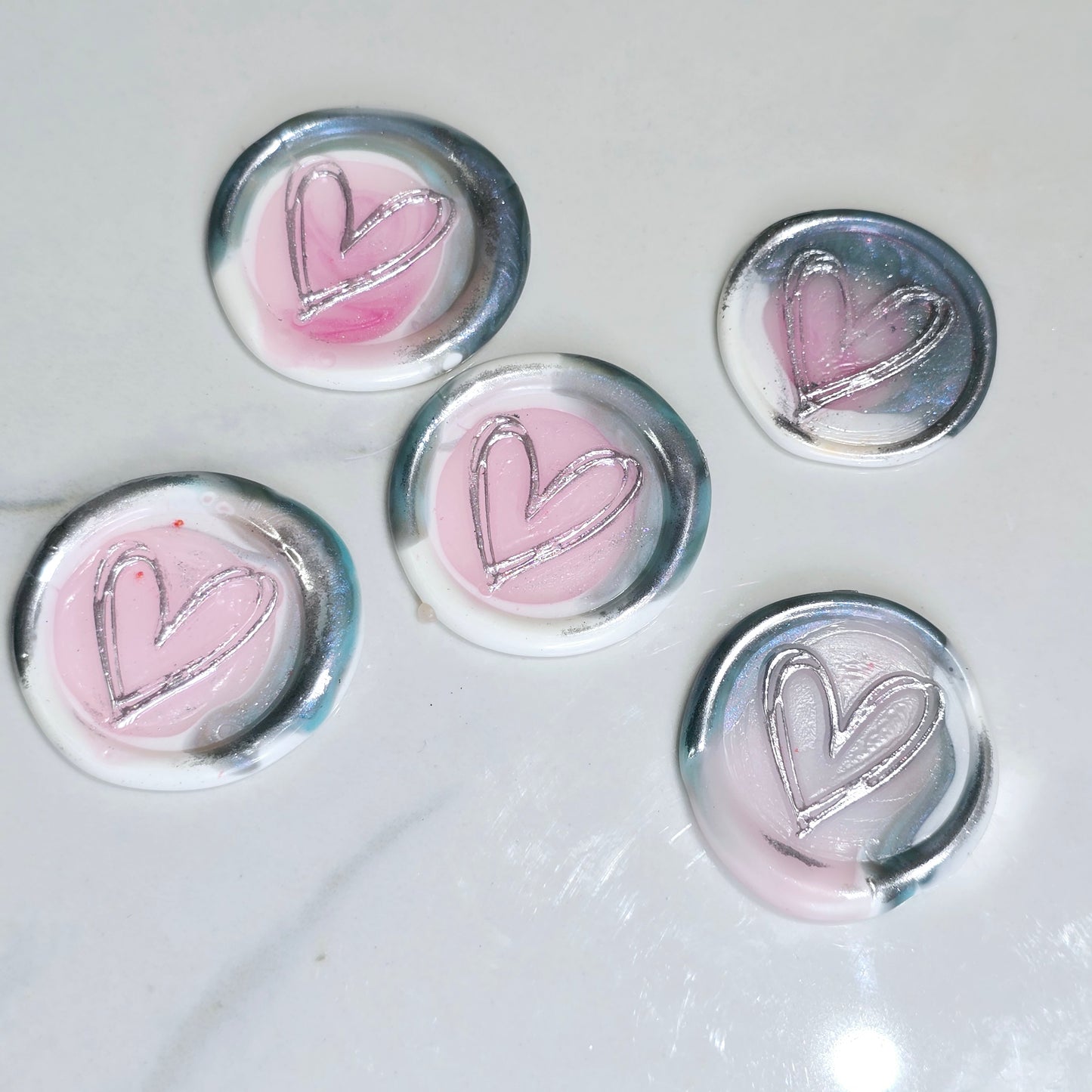 Heart Wax Seals Blue Gray,White,Pink & Silver Seals Set of Five