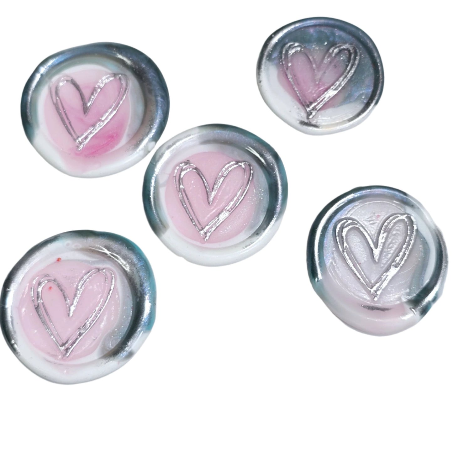 Heart Wax Seals Blue Gray,White,Pink & Silver Seals Set of Five