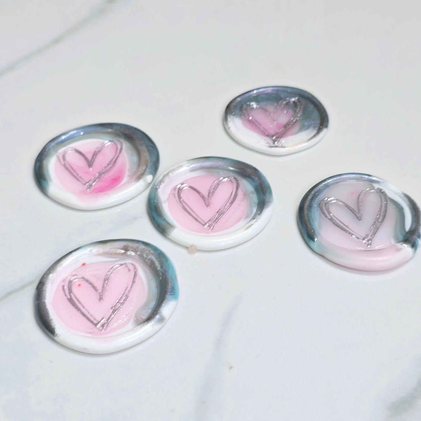 Heart Wax Seals Blue Gray,White,Pink & Silver Seals Set of Five