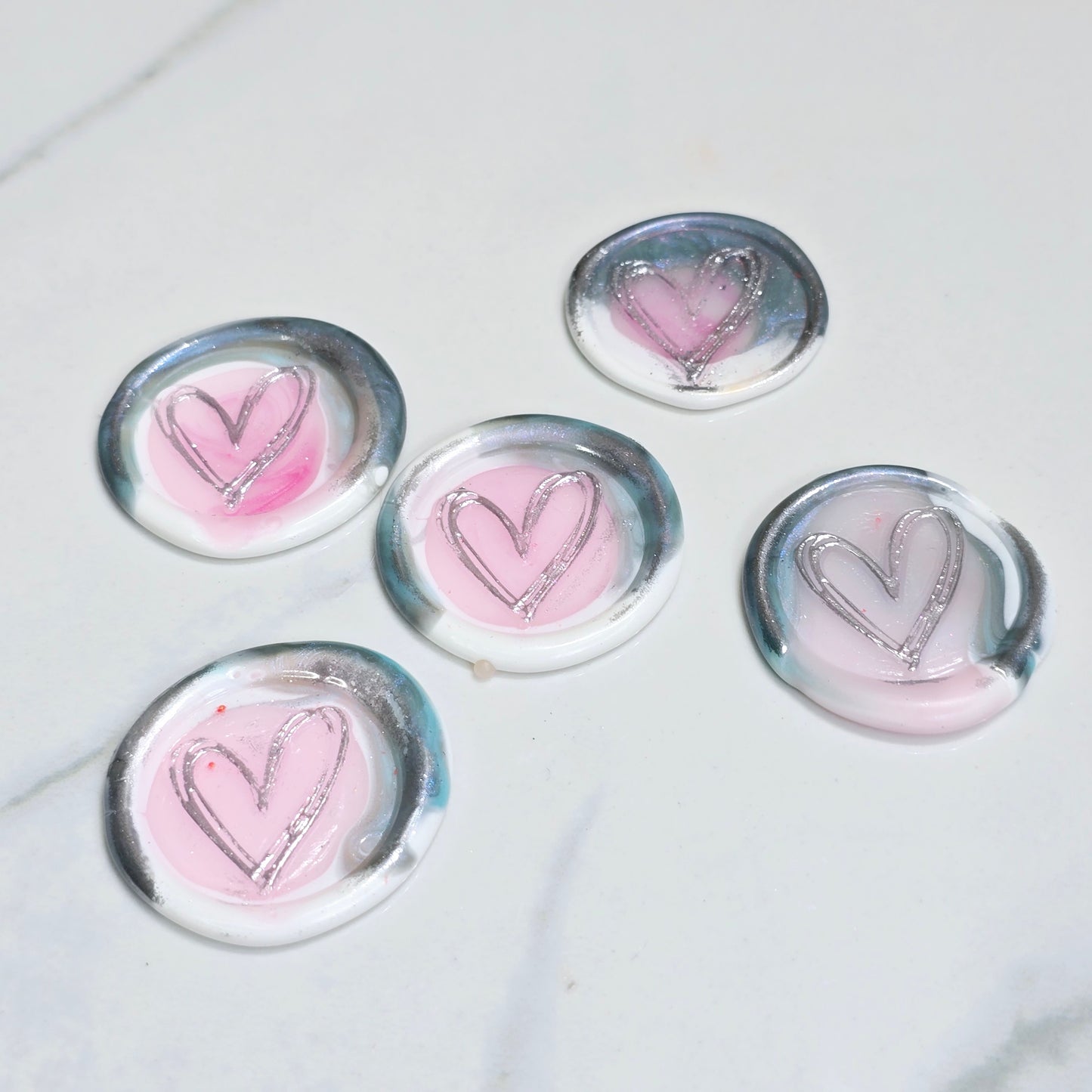 Heart Wax Seals Blue Gray,White,Pink & Silver Seals Set of Five