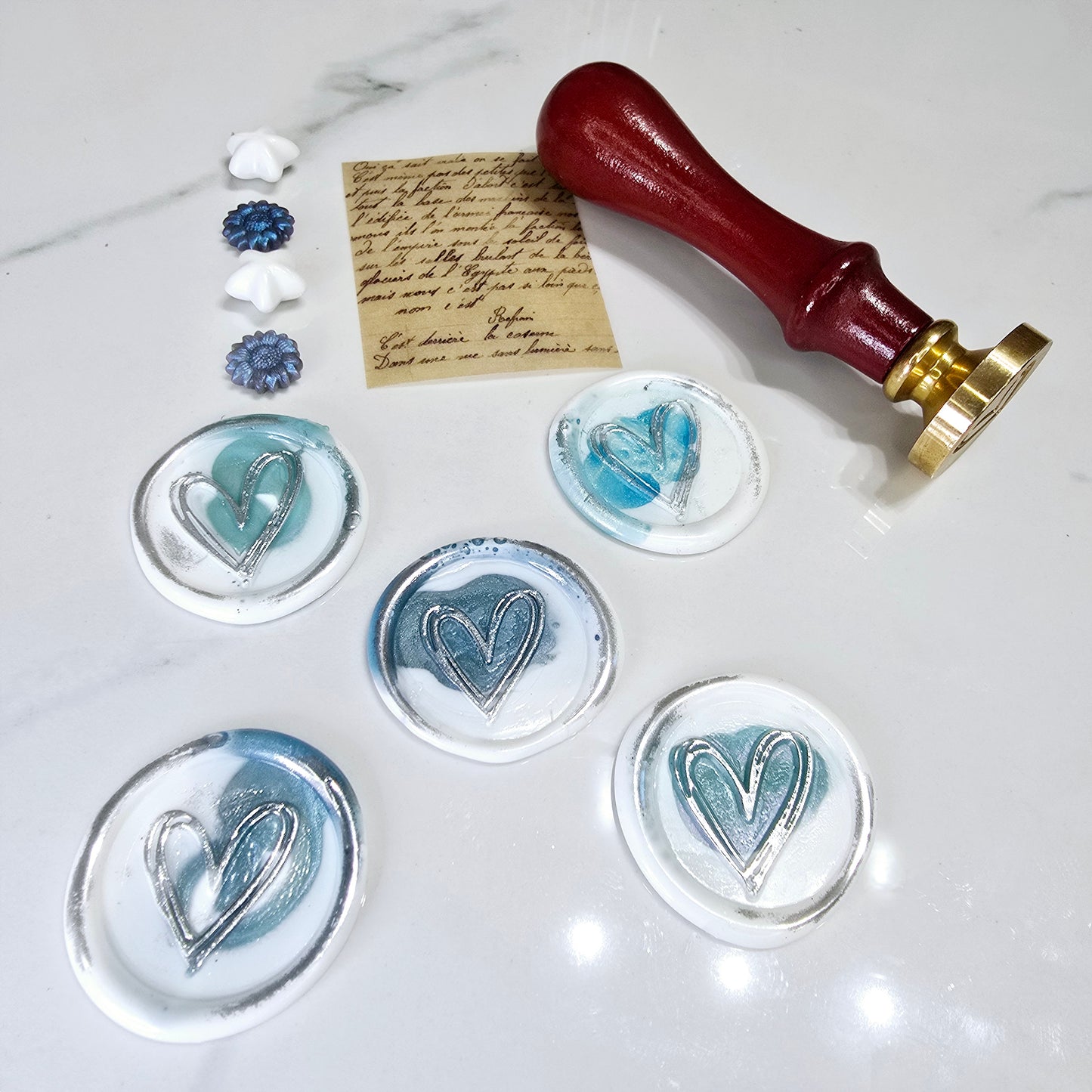 Heart Wax Seals Teal Blue, White & Silver Set of Five